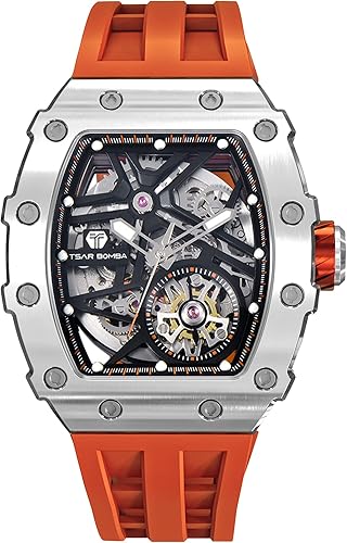 Miniatura 9 de TSAR BOMBA Reloj automático de lujo para hombre, forma tonneau, esqueleto, mecánico, 50 m, impermeable, analógico, relojes únicos, plateados,