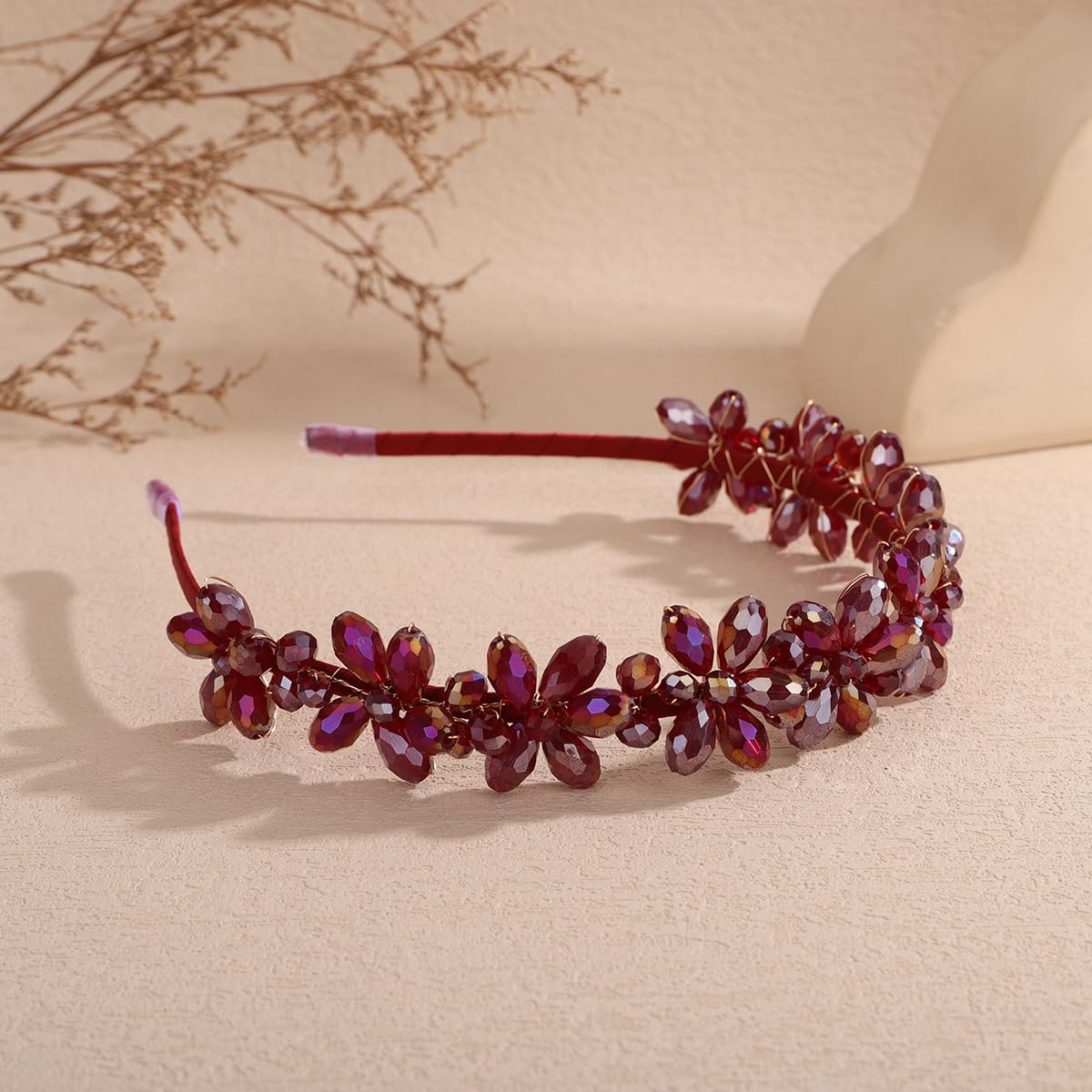 Xerling Crystal Tiara Multi-colored Beads Flower Headband Bridal Hair Band Bride Wedding Floral Hair Accessory Head Crown Jewelry for Women (Wine Red) image 3