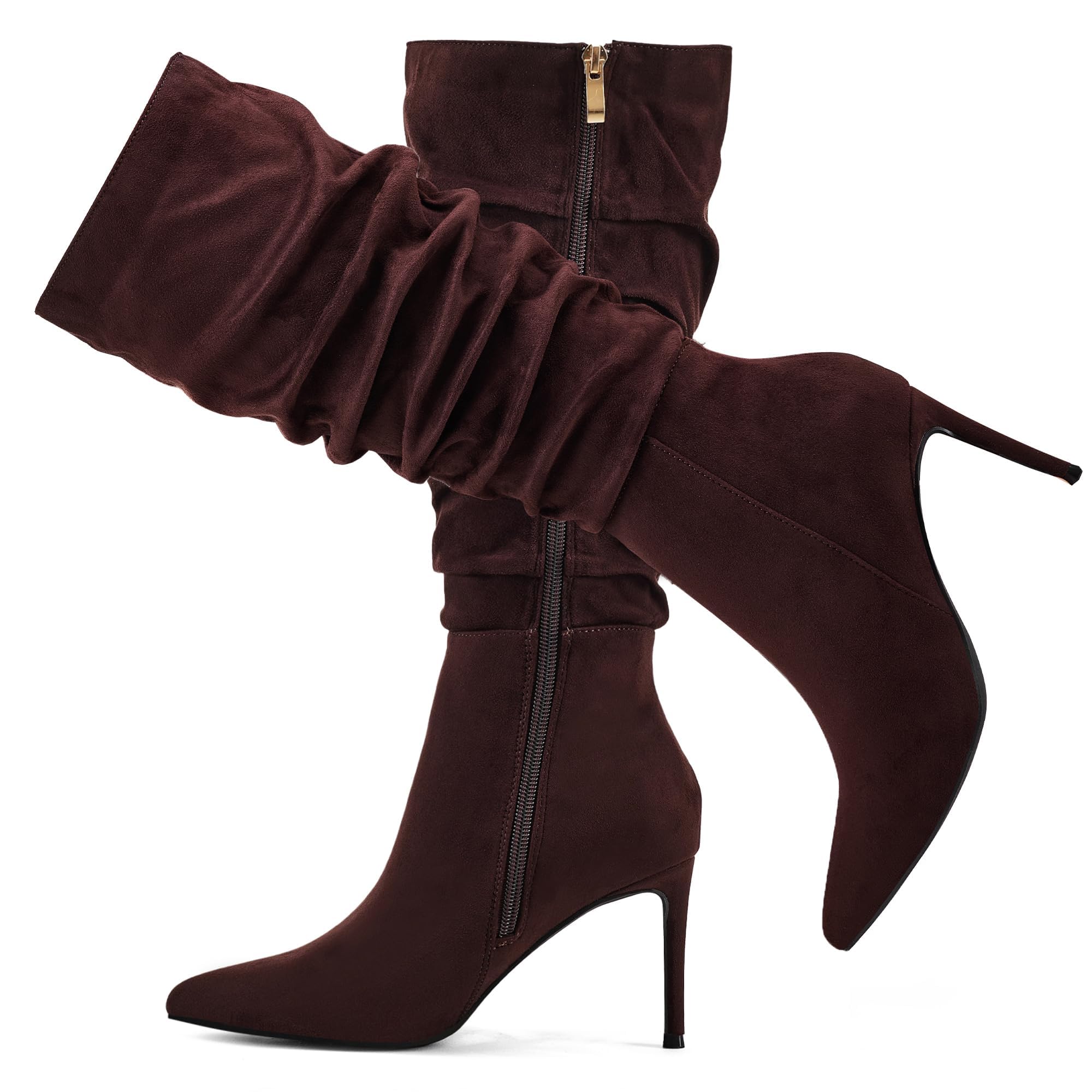 Elisabet Tang Women's Mid Calf Boots Pointed Toe Tall Boots 3 In Stiletto High Heel Sexy Long Boots Side Zipper Fashion Dress Shoes