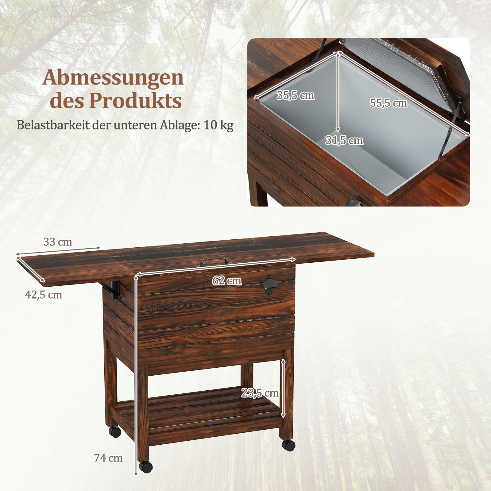 GYMAX 51L Kühlwagen, Servierwagen Kühlbox aus Holz mit 2 klappbaren Tischen, Flaschenöffner & abschließbare Rollen, Getränkekühler Outdoor für Poolbereich, Garten, Party
