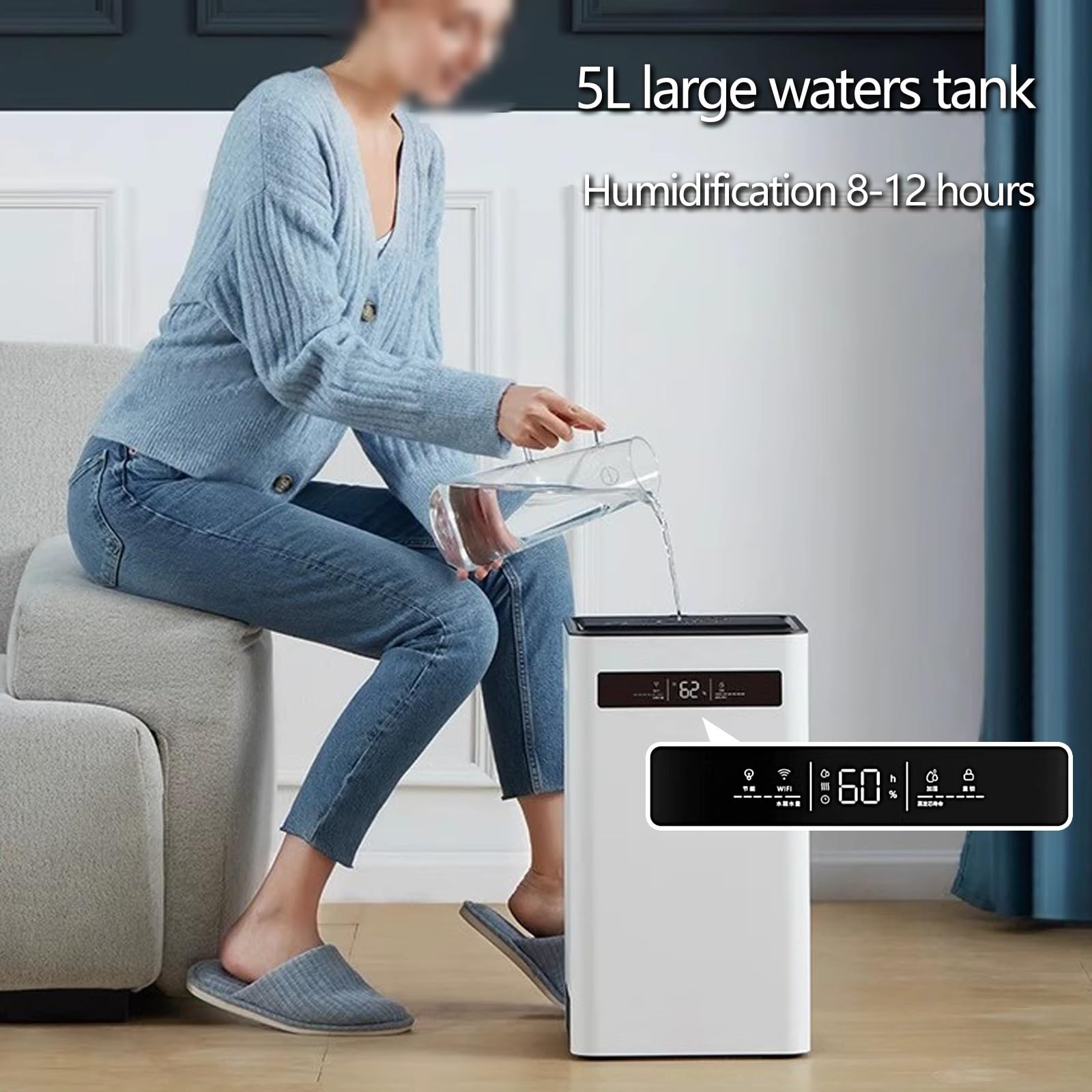 Inteligentny Nawilżacz Powietrza do Sypialni 5L Zbiornikiem na Wodę Wydajność Nawilżania 700ml/h Hałas 30-55dB(A) 16W 40-60% Inteligentna Stała Wilgotność Biały
