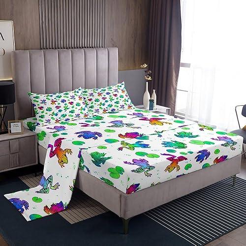 Erosebridal Juego de sábanas de rana de dibujos animados de tamaño Queen, juego de sábanas de animales lindos de arcoíris, degradado, hojas de loto