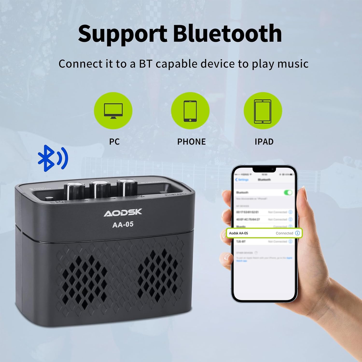 AODSK AA-05 amplifier showing Bluetooth connectivity with various devices