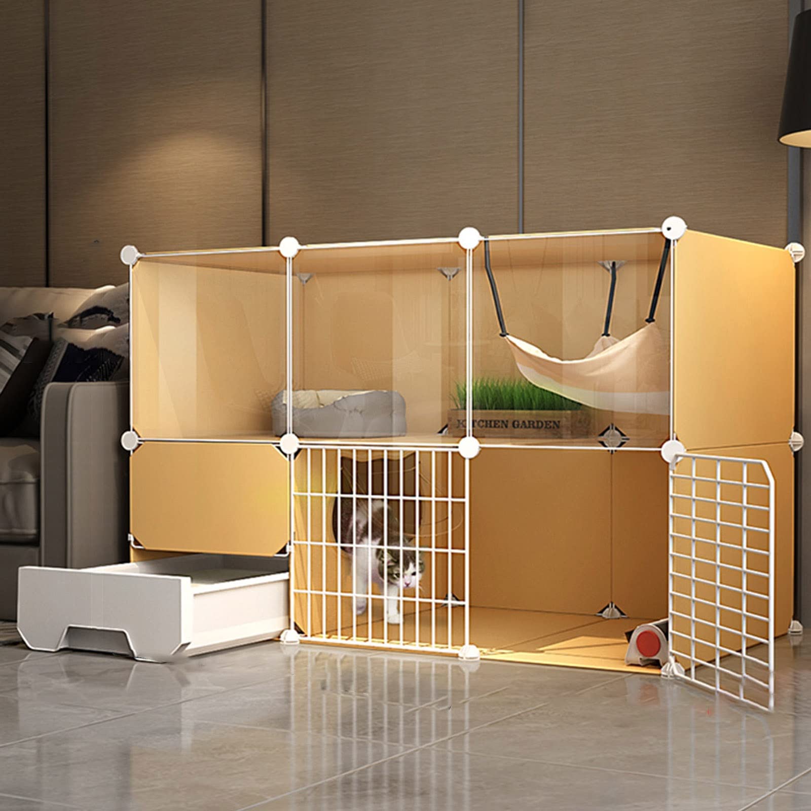 Gabbia Grande per Gatti Da Interno - Recinzione In Filo Metallico con Lettiera per 1-2 Gatti, Furetto, Cincillà, Coniglio, Piccoli Animali (Color: Yellow)