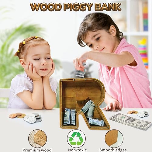 Miniatura 228 de Alcancía para niños y niñas, alcancía grande de madera personalizada con diseño recortado, bancos de monedas con letras del alfabeto, caja de ahorro