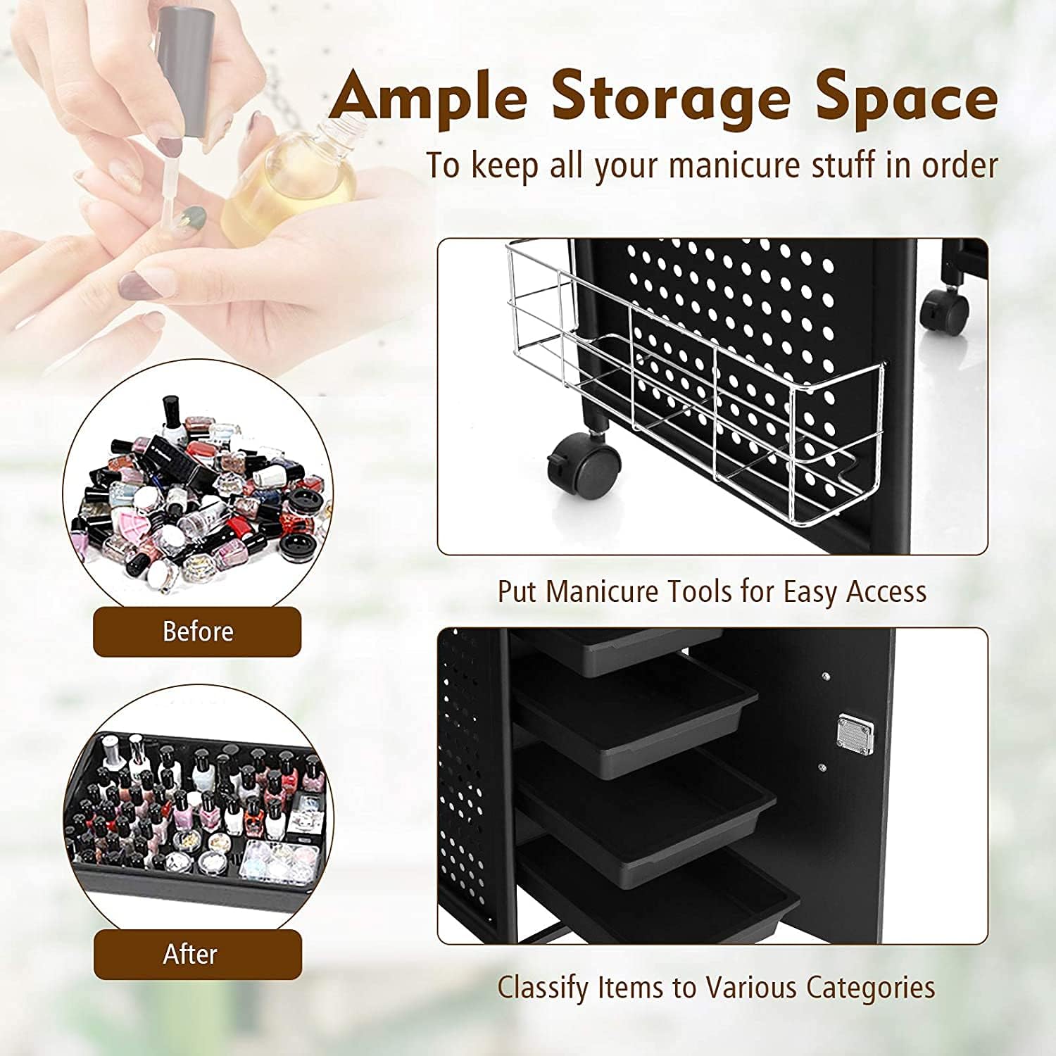 Giantex Nail Desk Manicure Table, Nail Table with Dust Collector, Wrist Rest, Bendable LED Lamp, 5 Drawers Cabinet with Keys, Lockable Casters, Steel Frame Nail Tech Table Station (Pure Black)