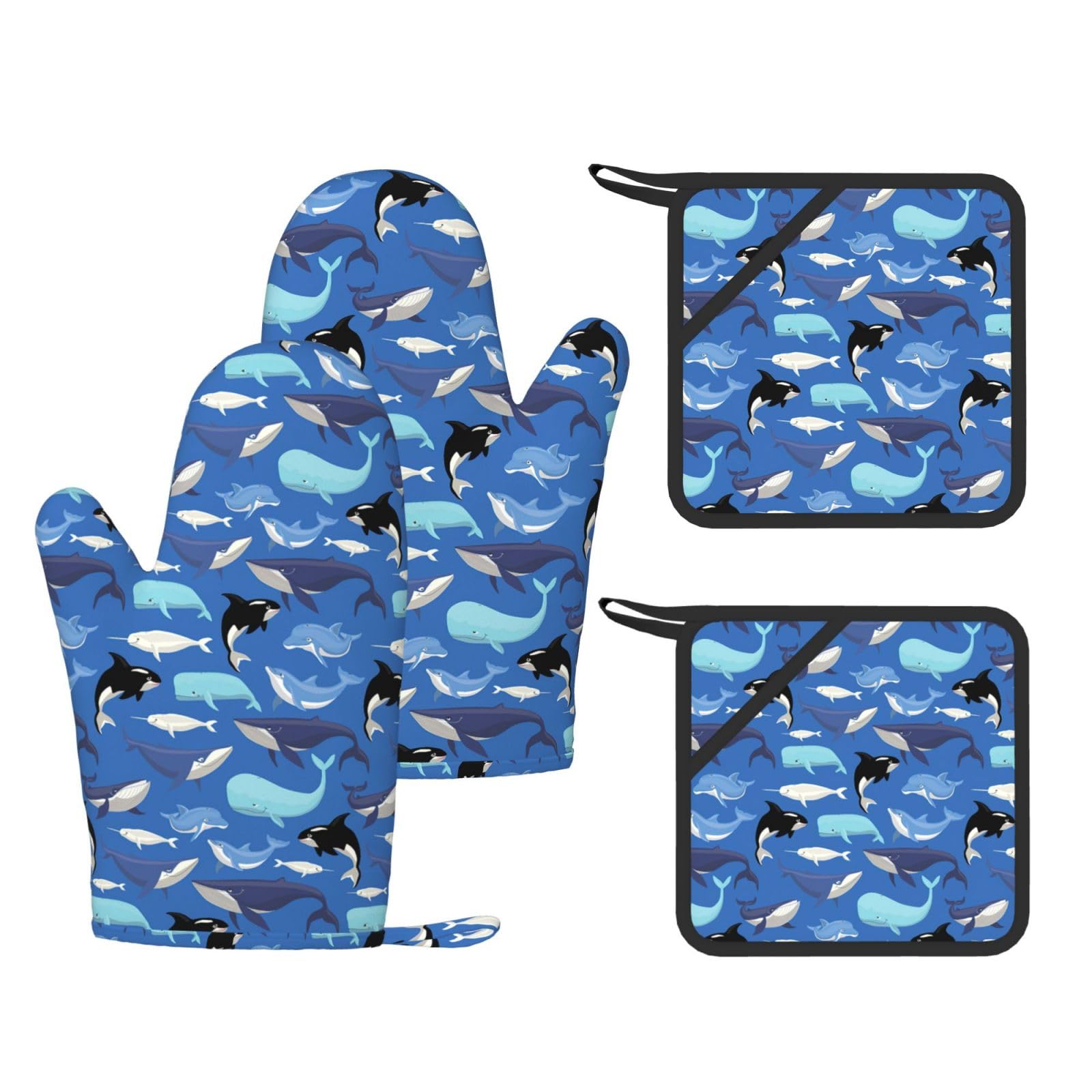Nimongt Black Whale Pattern Print Heat Resistant Gloves Pads Reusable Kitchen Set Oven Baking Grilling Cooking