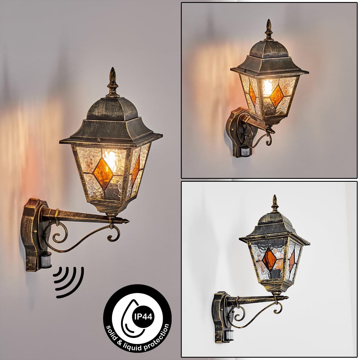 HOFSTEIN Außenwandleuchte Chatelain, Außenwandlampe m. Bewegungsmelder aus Metall/Glas in Gold/Schwarz/Klar/Bernstein, Wandleuchte außen aufwärts, Vintage/Antik/Landhaus für Garten, Haustür, E27, IP44