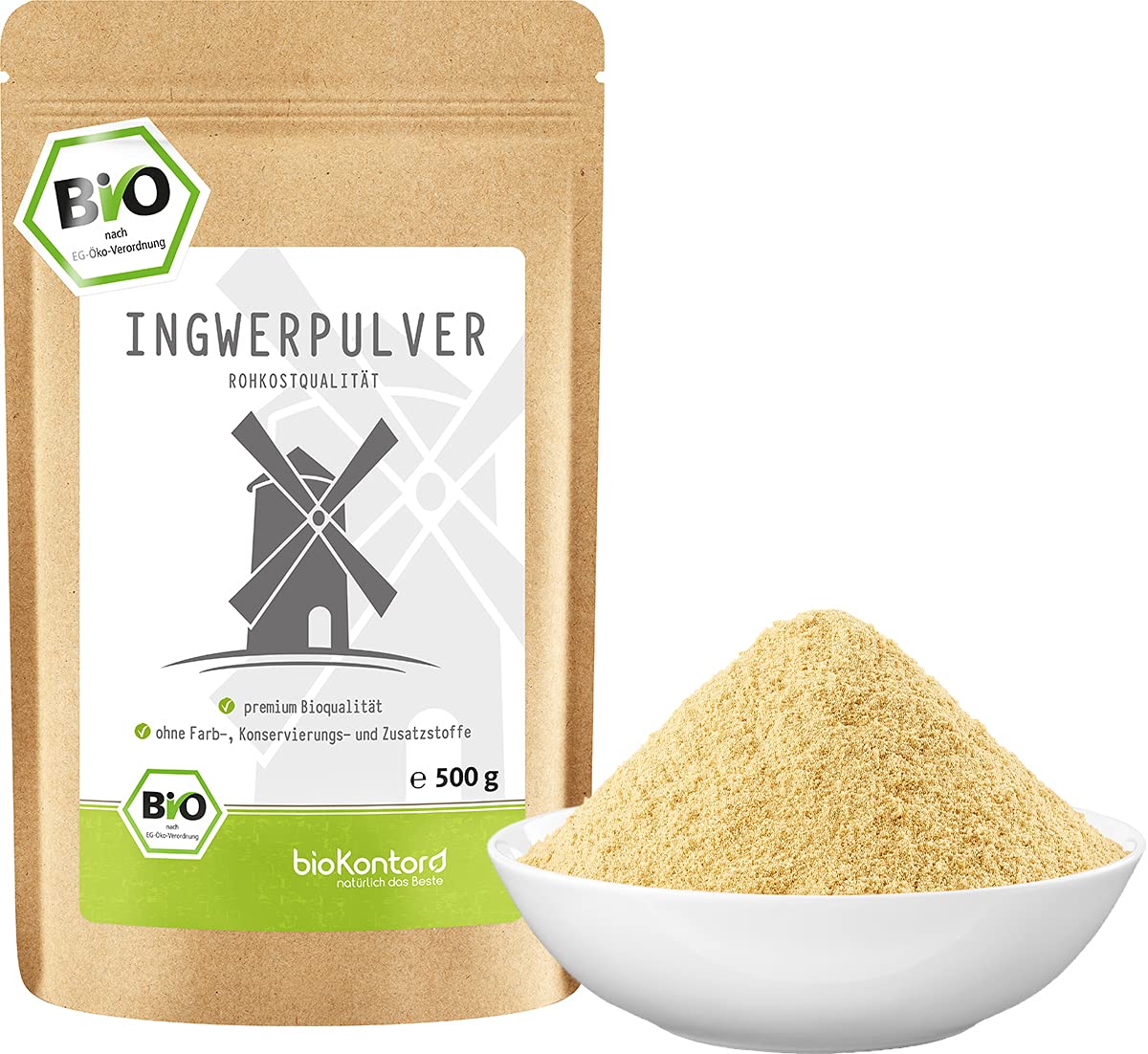 BIO Ingwerpulver 500g | fein gemahlen | 100% rein & ohne Zusatzstoffe | Rohkostqualität | aromatisch & scharf | ideal für Tee, Smoothies & Tinkturen| bioKontor
