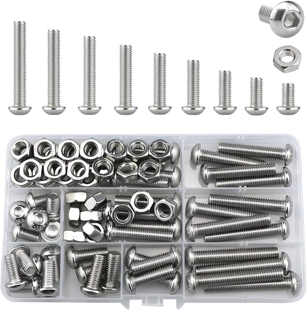 Bolts and Nuts Set, Hex Head M8 Stainless Steel Machine Screws and Round Head Hexagon Socket Bolts Assortment(12/16/20/25/30/35/40/45/50mm) (M8, Silver)