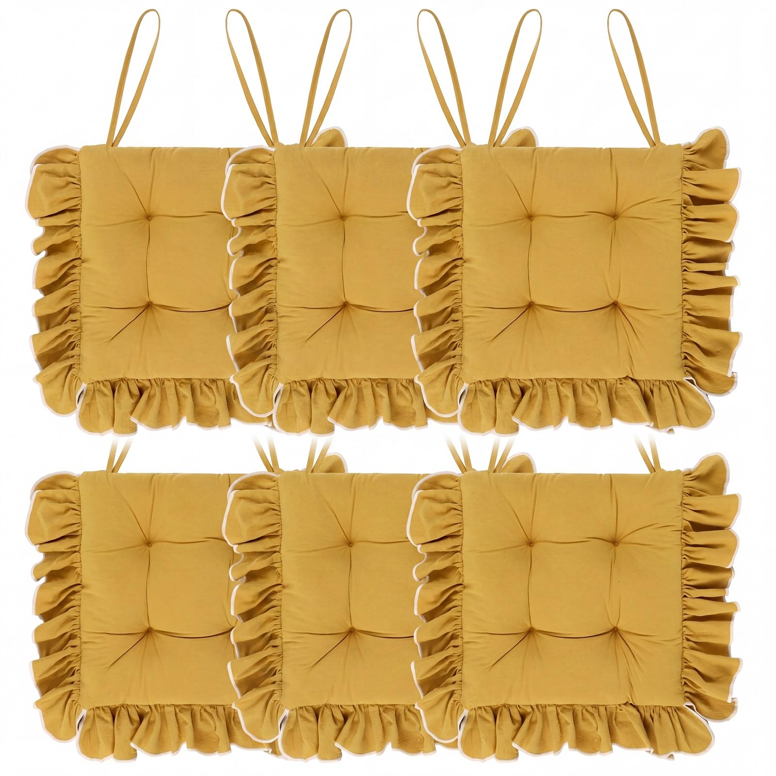 Photo 1 of Wenqik 6 Pack Turmeric Ruffled Chair Cushions with Ties, 16"x16" Cotton Fabric Non-Slip Seat Pads for Dining Chairs, Farmhouse Kitchen, Office, and Wooden Chairs