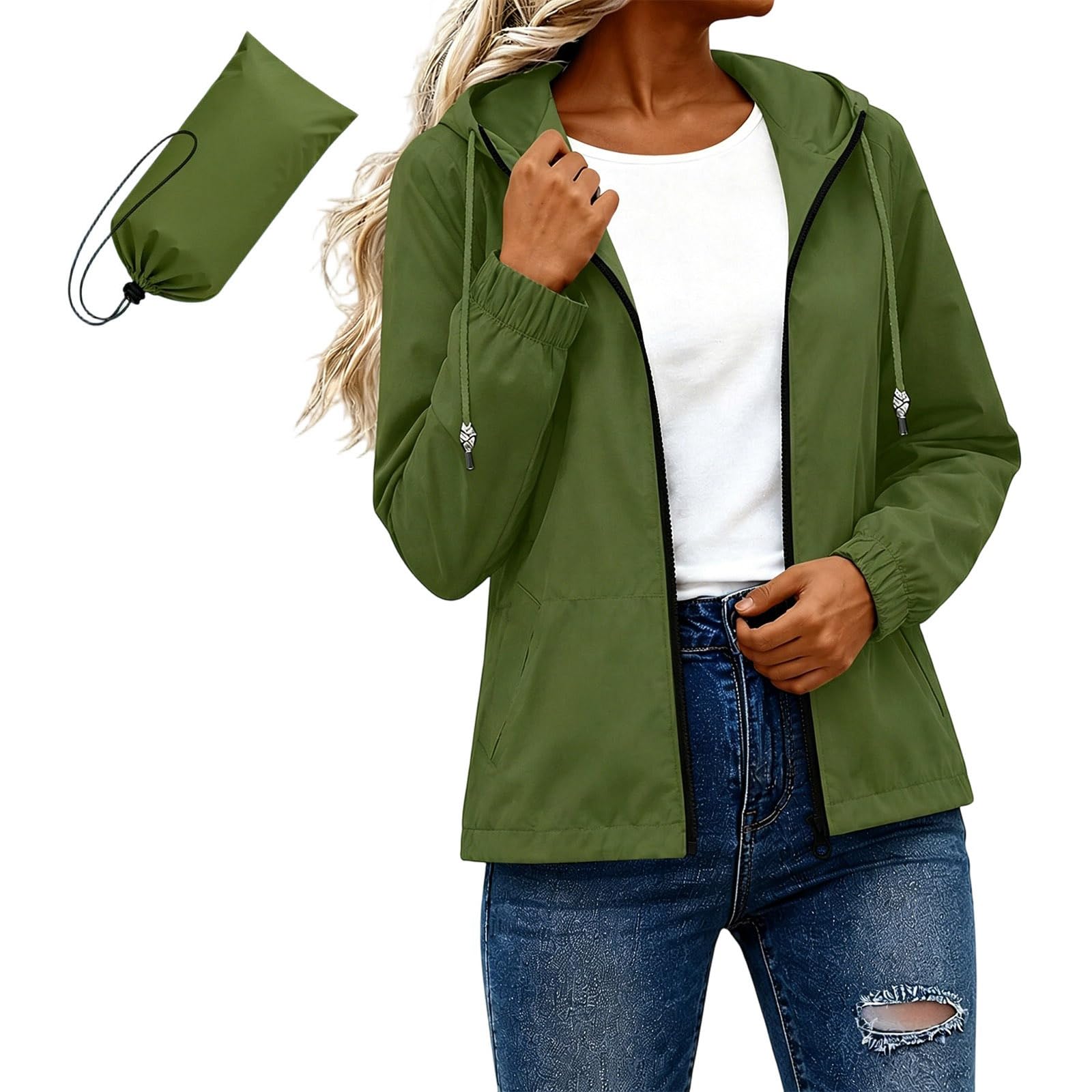 Famzuneu Regenjacke Damen Wasserdicht Atmungsaktiv Faltbar Regenmantel mit Kapuze Taschen Leicht Windbreaker Jacke Funktionsjacke Outdoor Übergangsjacke für Wandern Reisen Fahrrad