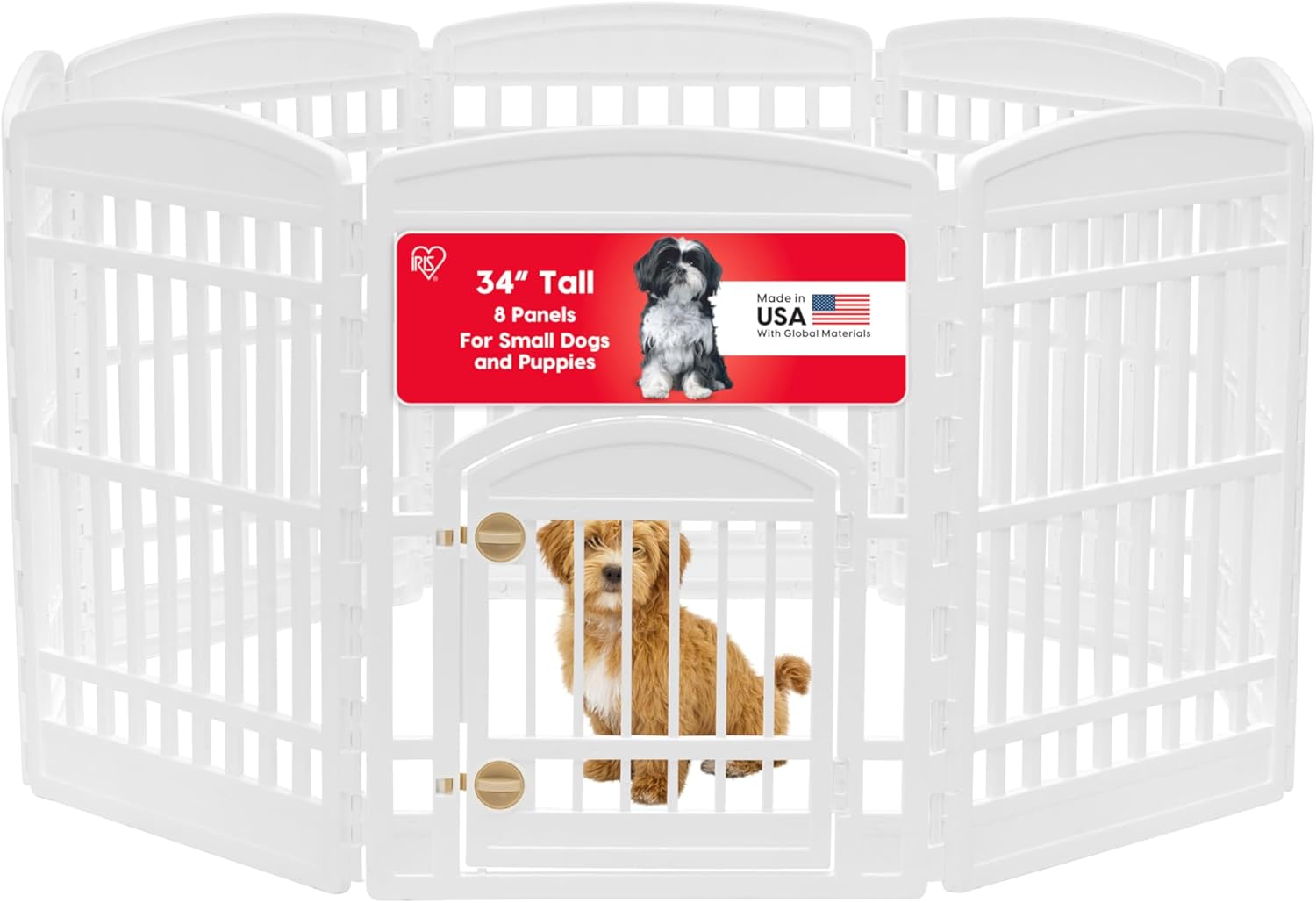 IRIS USA 34" 8-Panel Dog Playpen with Door, 63 x 63 x 35, Puppy Playpen, Dog Play Pen Indoors, Pet Fence, Puppies/Small Dogs, White 8 Panel - 34" H White