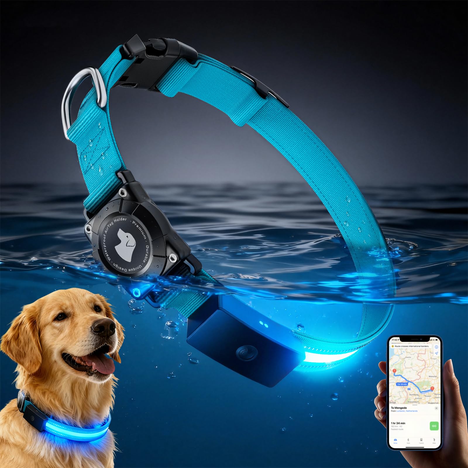 Photo 1 of LED AirTag Dog Collar - Brightest Light Up Dog Collars - IP68 Waterproof Air Tag Dog Collar Holder - 1,600 Feet of High Visibility - Magnetic Charging - Dog Lights for Night Walking, Blue XL
