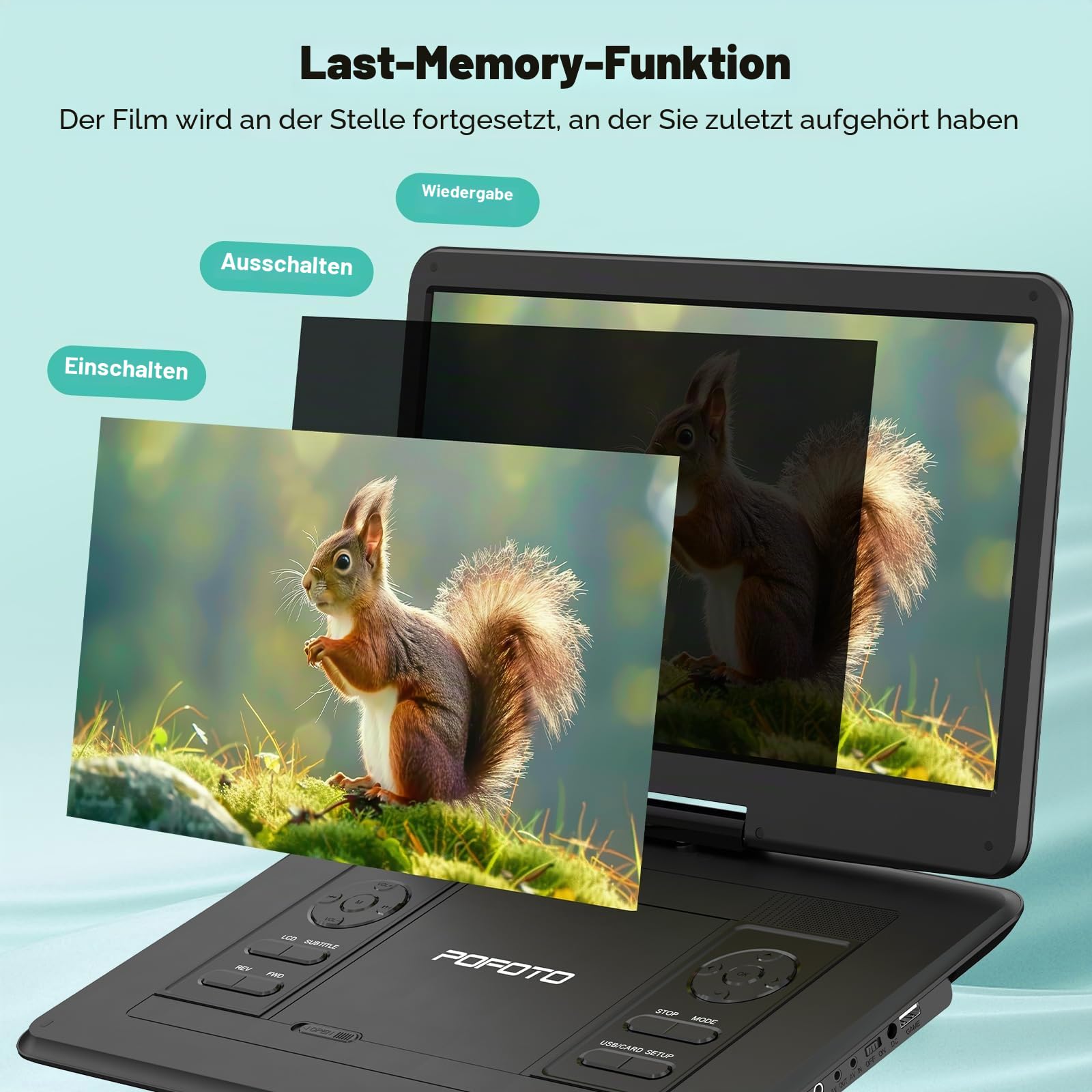 POFOTO 17,5'' Tragbarer DVD-Player mit 15,6'' Drehbarem HD-Display, 6h Akkulaufzeit, Unterstützt Mehrere Formate/SD/USB, TV/Projektor-Sync, Speicherfunktion, Stereo-Lautsprecher (Dunkelschwarz)