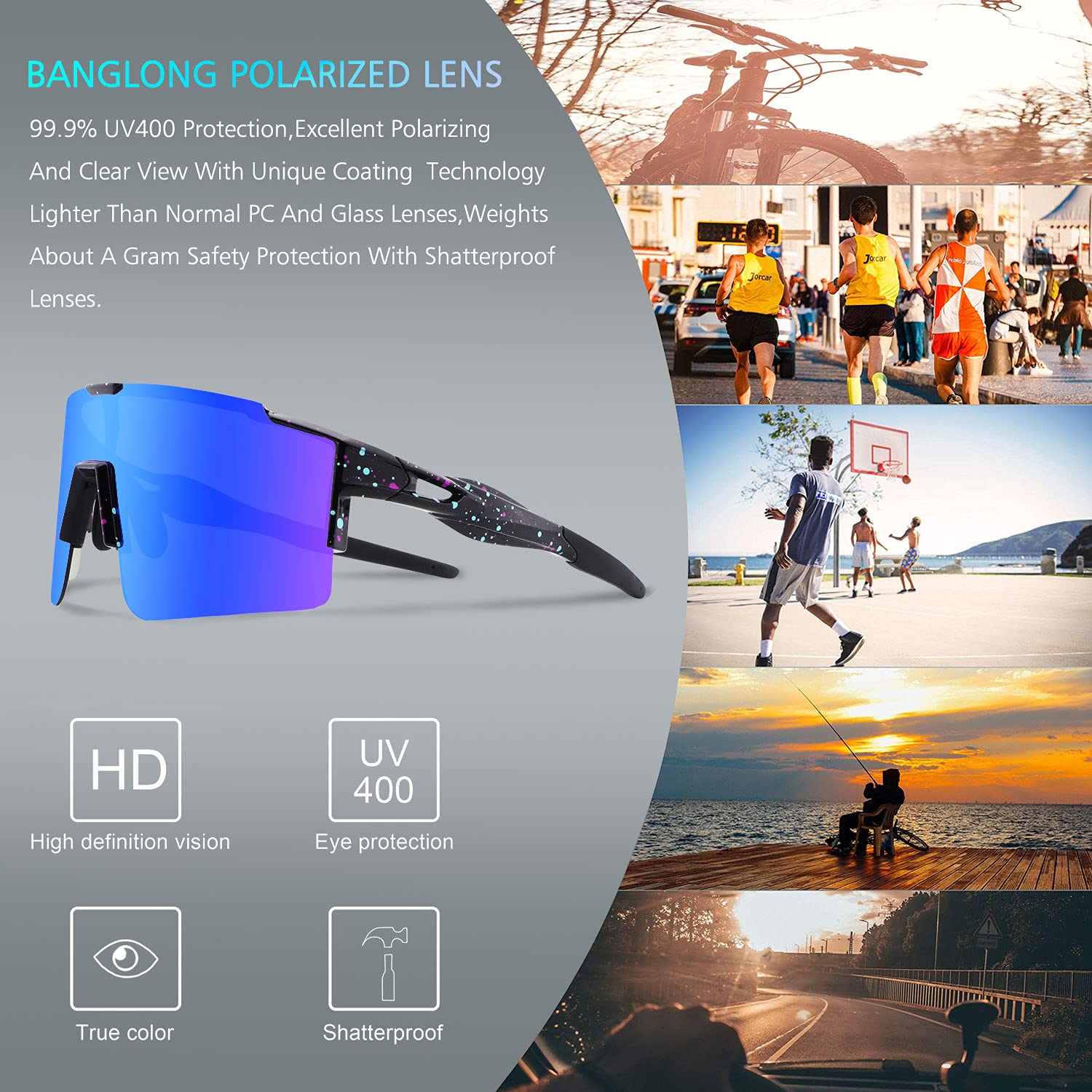 BangLong Gafas Sol Polarizadas Ciclismo Hombre Mujer con 3 Lentes Intercambiables UV400 Y Montura De TR-90, Gafas Sol Deportivas para Running MTB Bicicleta