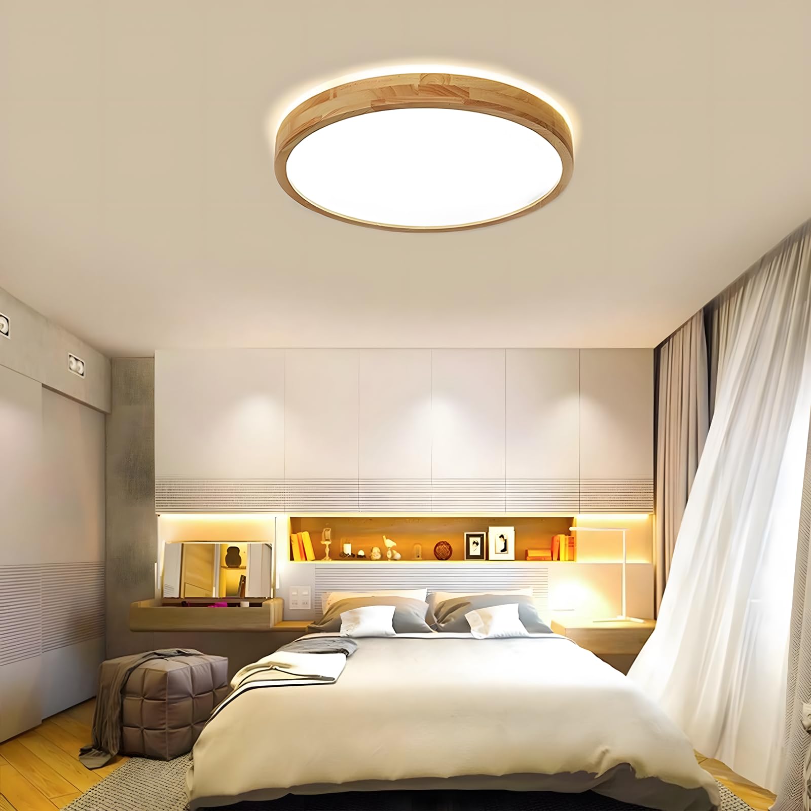 Holz LED Deckenleuchte | Ø40cm 3000-6000K 30W | Runden Oberseite, 360° Leuchtende Natürliche Holzlampe, Schlafzimmer Wohnzimmer Kinderzimmer Küche Esszimmer (Dimmbar Mit Fernbedienung)