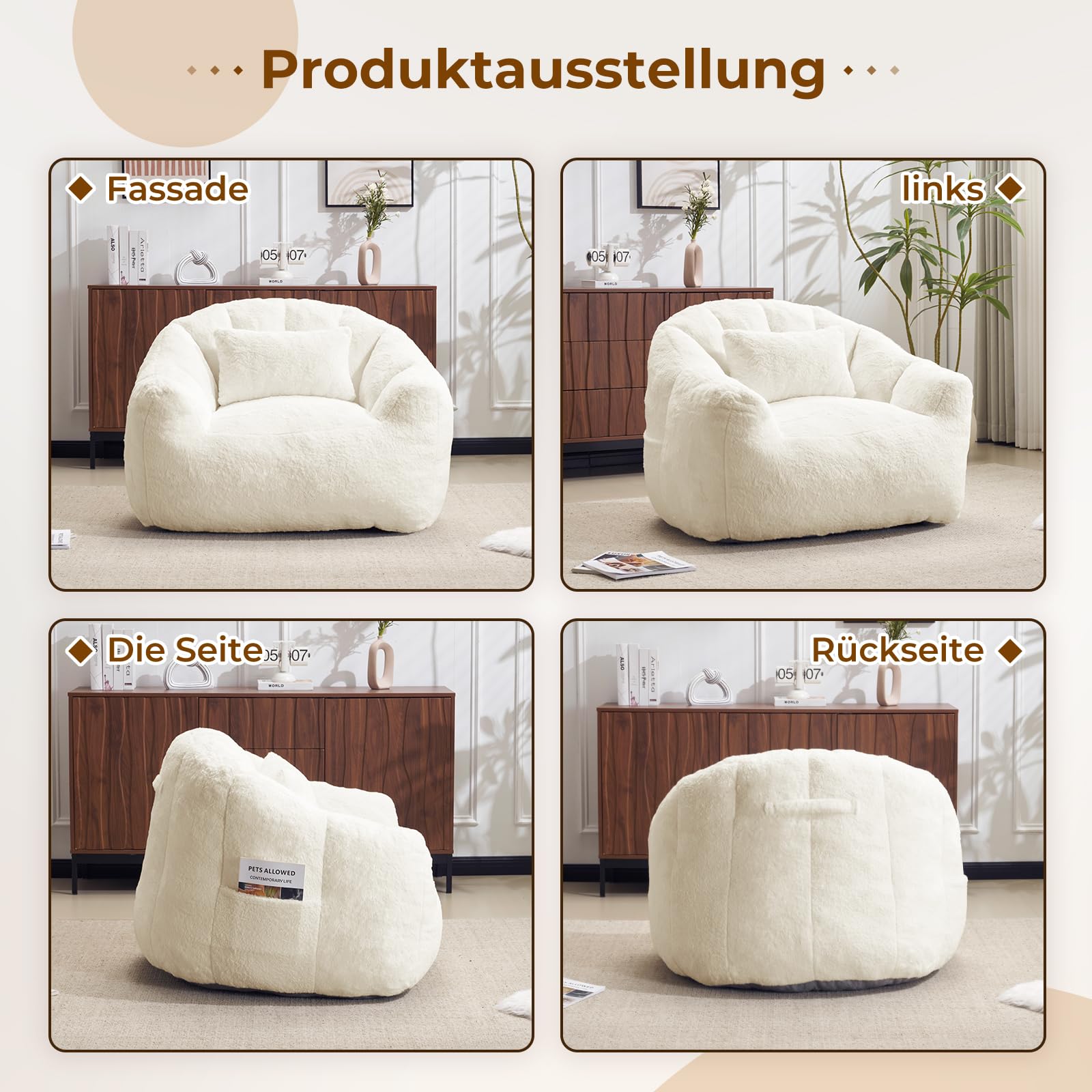 Sitzsack für Erwachsene, Flauschiger Loungesessel aus Kunstfell mit Kissen, Belastbarkeit bis 160 kg, Vakuumverpackt & ohne Montage, für Wohnzimmer, Schlafzimmer, Balkon, Weiß