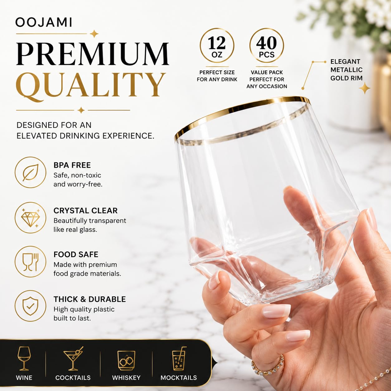 Vasos de champán de plástico irrompibles de 24 unidades, elegantes, duraderos, reutilizables e irrompibles, ideales para el hogar, oficina, bares, bodas, baby shower |