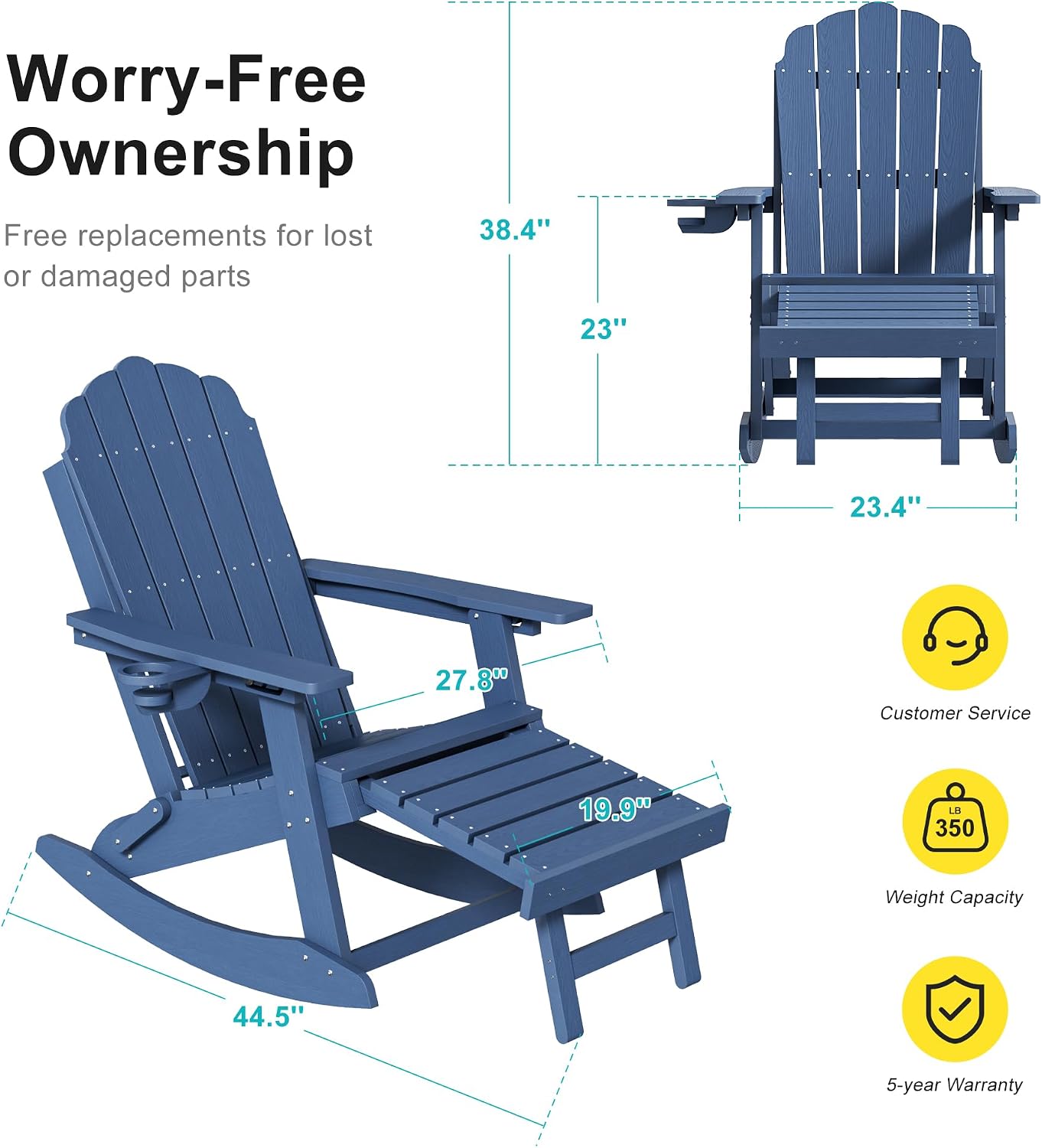 HDPE Outdoor Rocking Chairs Set of 2, 4-in-1 Folding Adirondack Chair with Retractable Ottoman, Patio Rocker with 3-Position Adjustable Backrest & Cup Holder for Porch, Backyard, Pool, Navy Blue