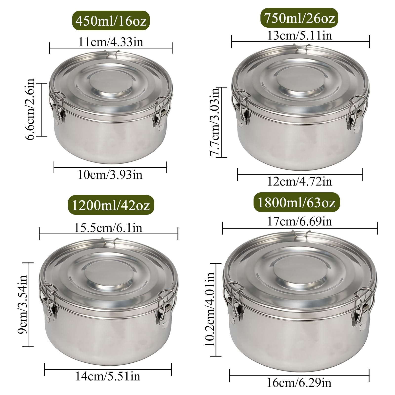 4 Piezas Ronda Fiambrera de Acero Inoxidable con Tapa Bento Box | para Comida Trabajo Escuela Picnic,660ml+1040ml+1590ml+2200ml,Lunch Box Stainless Steel,Lonchera Metalica Sellada Hermetica