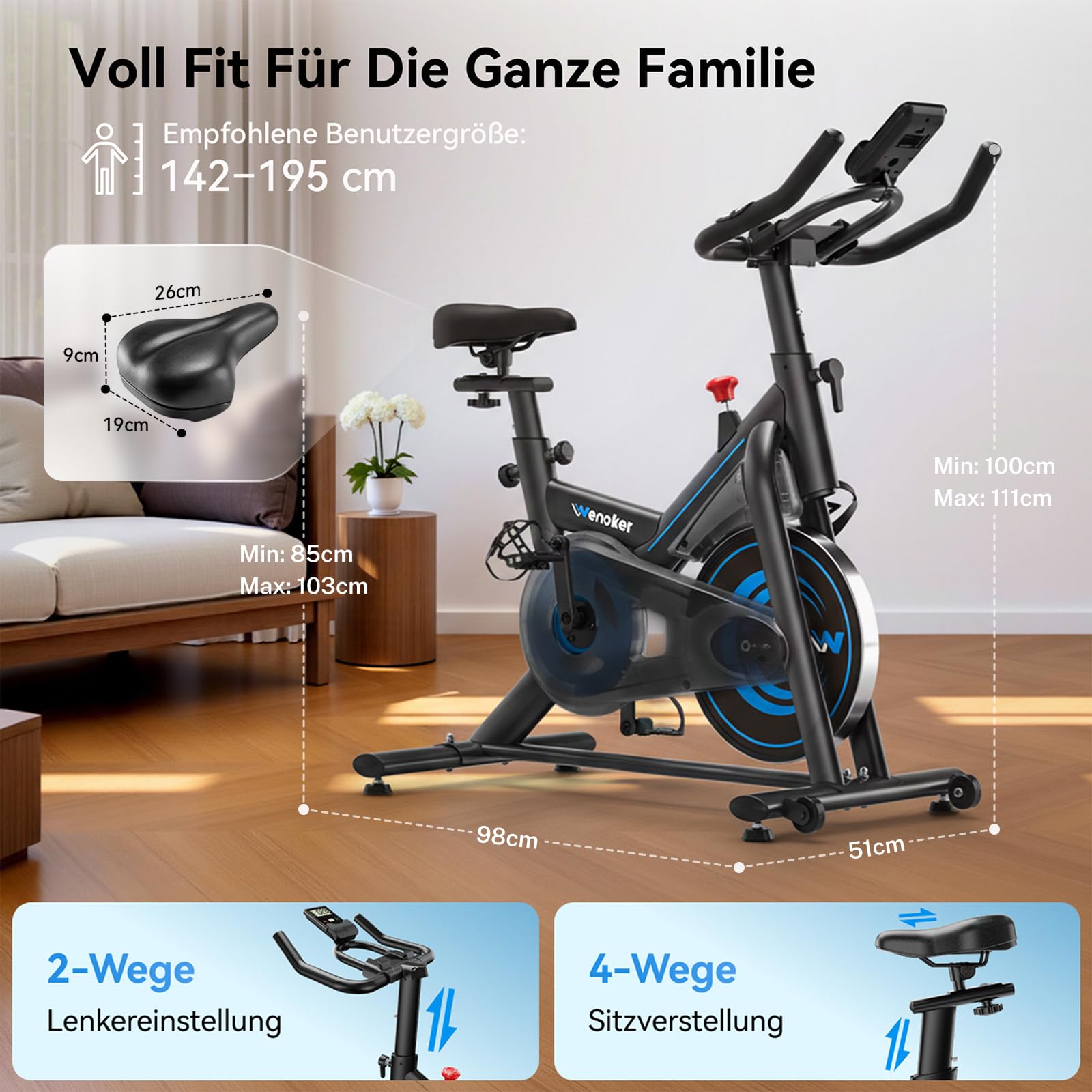 Wenoker Heimtrainer Fahrrad mit App,Leises Ergometer Hometrainer Fahrrad mit Magnetwiderstand,Spinning Bike Indoor Fitnessbikes für Kardio-Training zu Hause,Bis 160KG