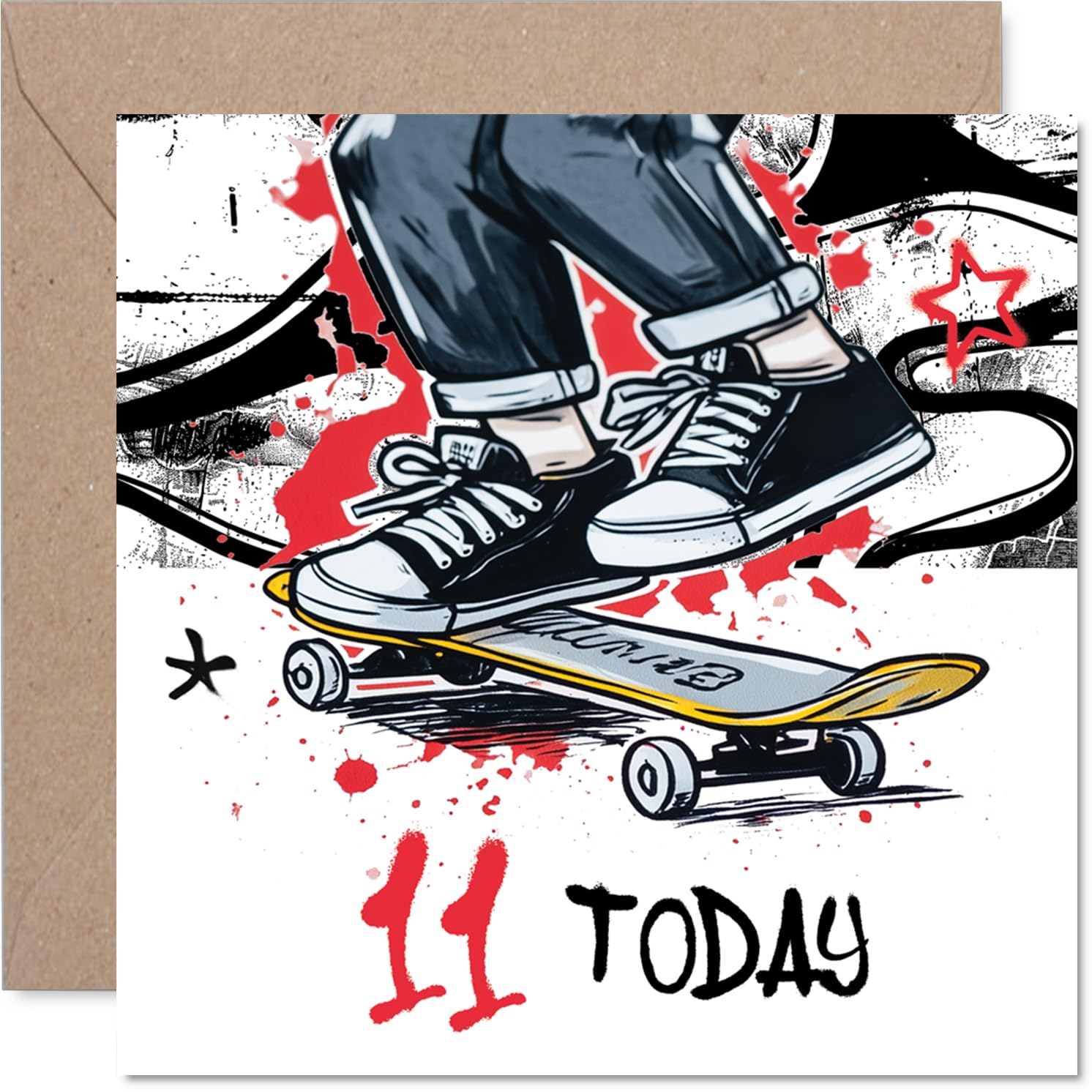 Playful 11th Birthday Card - Catch the Thrill - Skateboarder in Bold Colours Leaps Across '11 Today' Design - Bursting with Youthful Energy - 145mm Square, Envelope Included