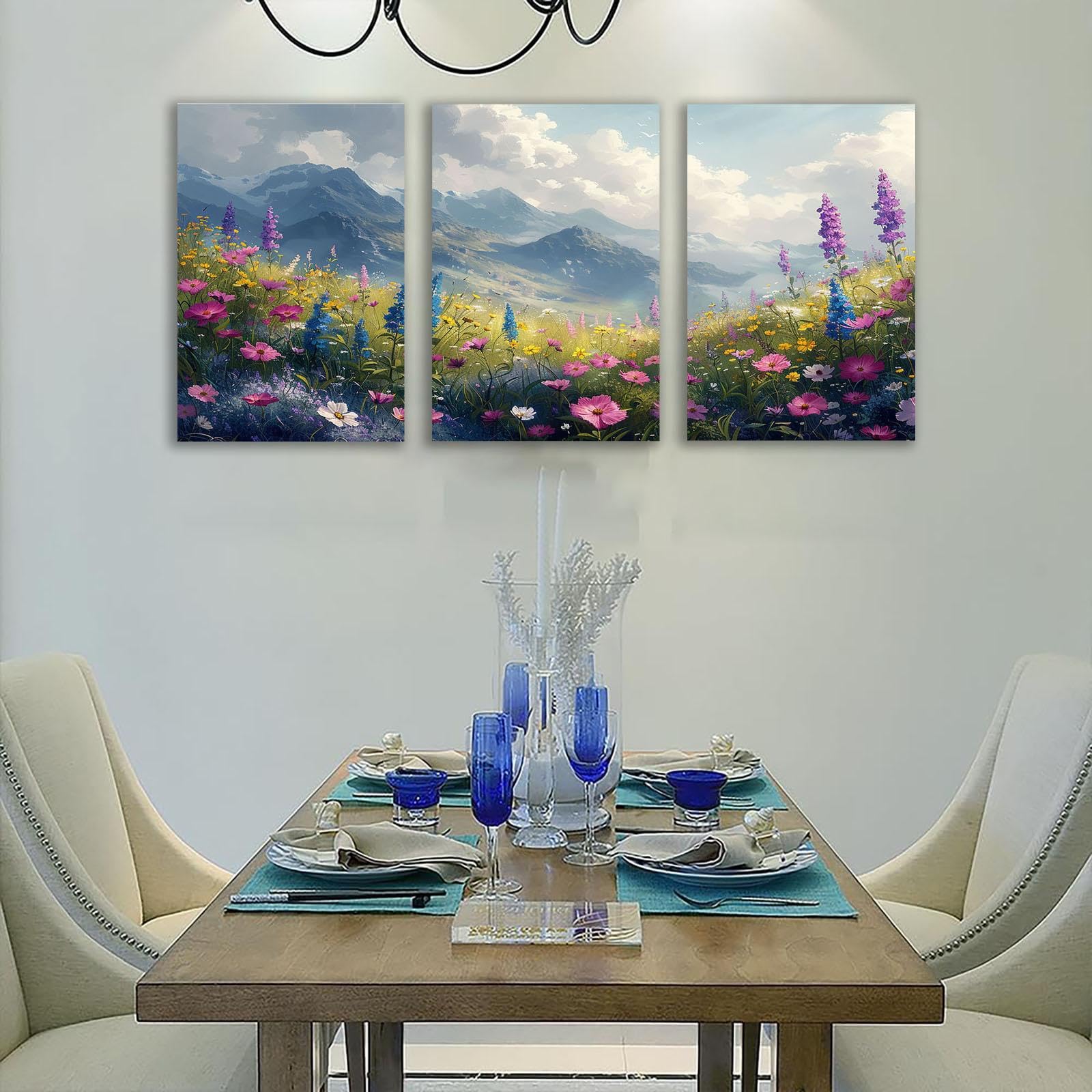 TZKRWRH Panorama Cuadro Personalizado Lienzo, Monta帽as De Flores Silvestres Murales De Pared Sala De Estar Dormitorio Arte De Pared-40x60cmx3 Enmarcado (Gris,Rosa 26)
