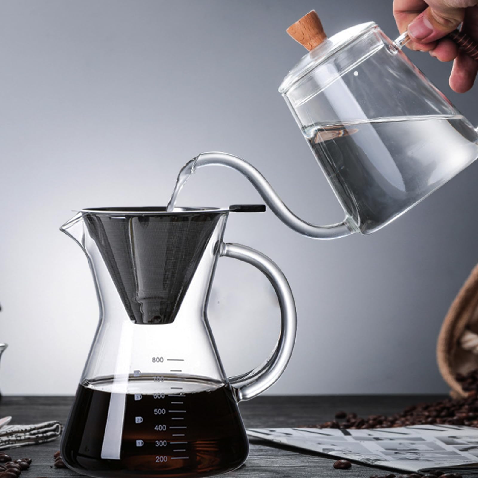 GOMETY Pour Over - Caffettiera in vetro borosilicato da 800 ml, con filtro in acciaio inox a doppio strato, con manico, in vetro per un piacere aromatico
