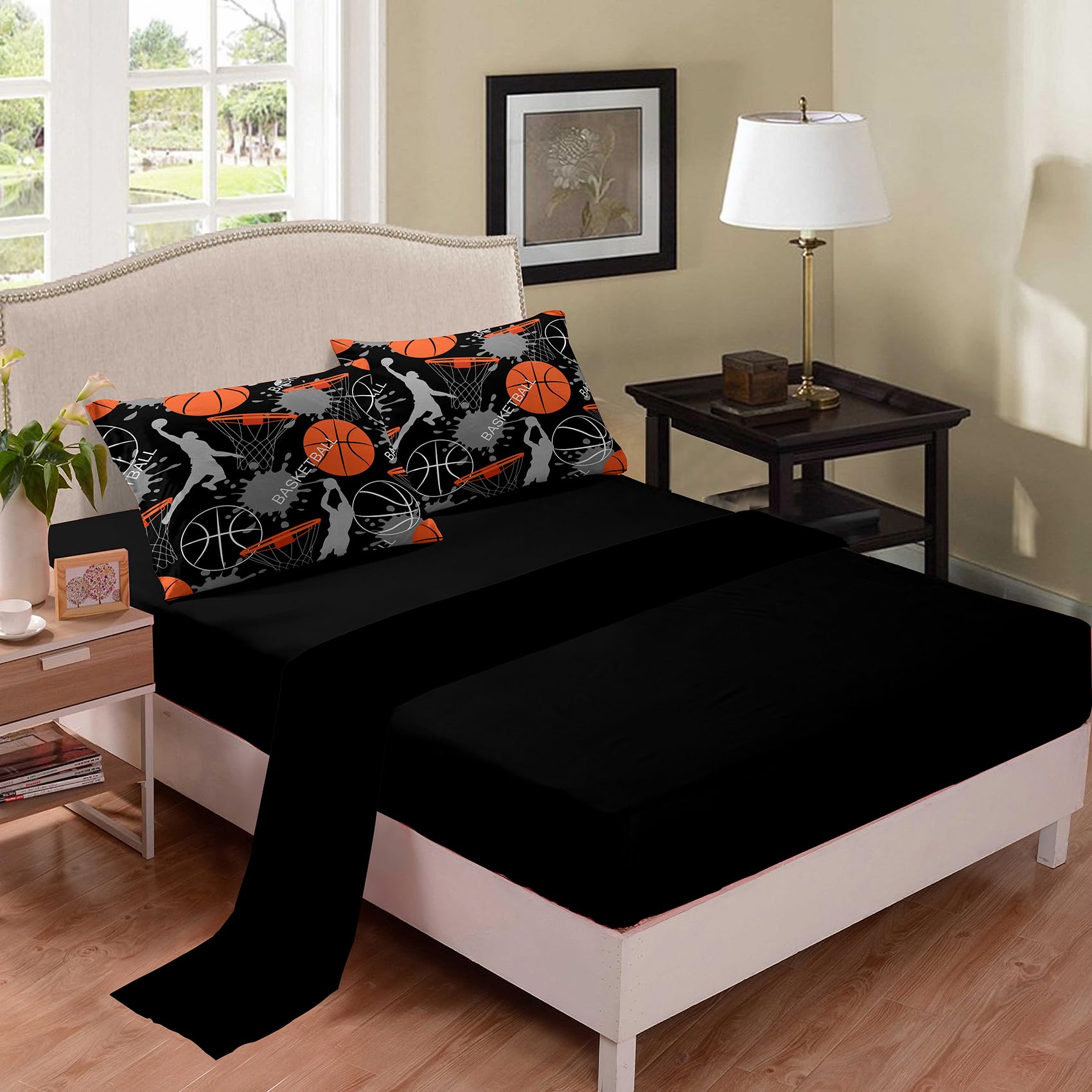 Bodhi Bed in A Bag for Kids Boys - Twin Size Basketball Comforter Set, 5 PCS. (1 Comforter, 1 Flat Sheet, 1 Fitted Sheet, 2 Pillowcases)