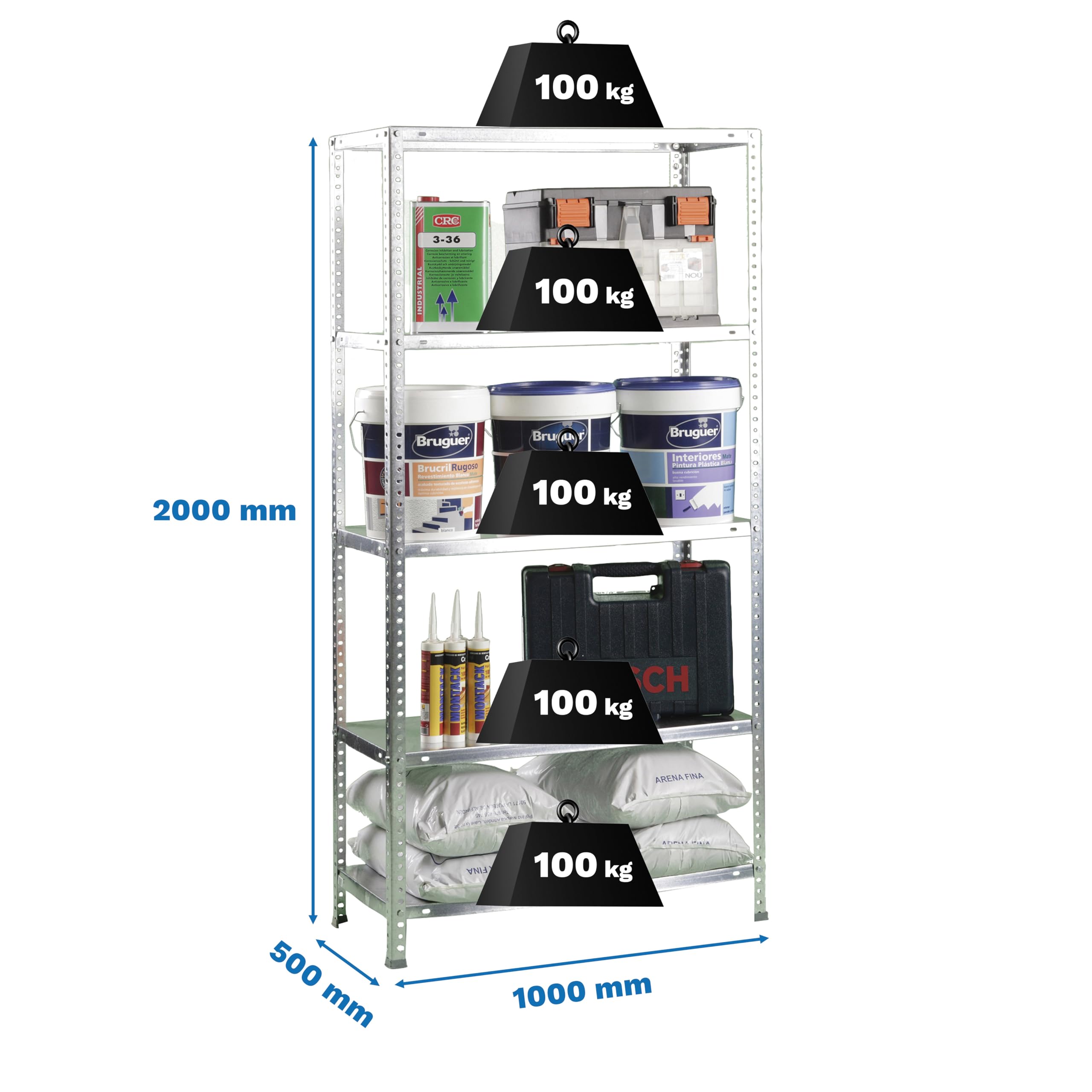 Simon Rack Regał metalowy 2000x1000x500 mm, 5 półek, nośność 100 kg na półkę, regał magazynowy i garażowy, stabilna konstrukcja, łatwy montaż, kolor Ocynkowane – Simon Classic