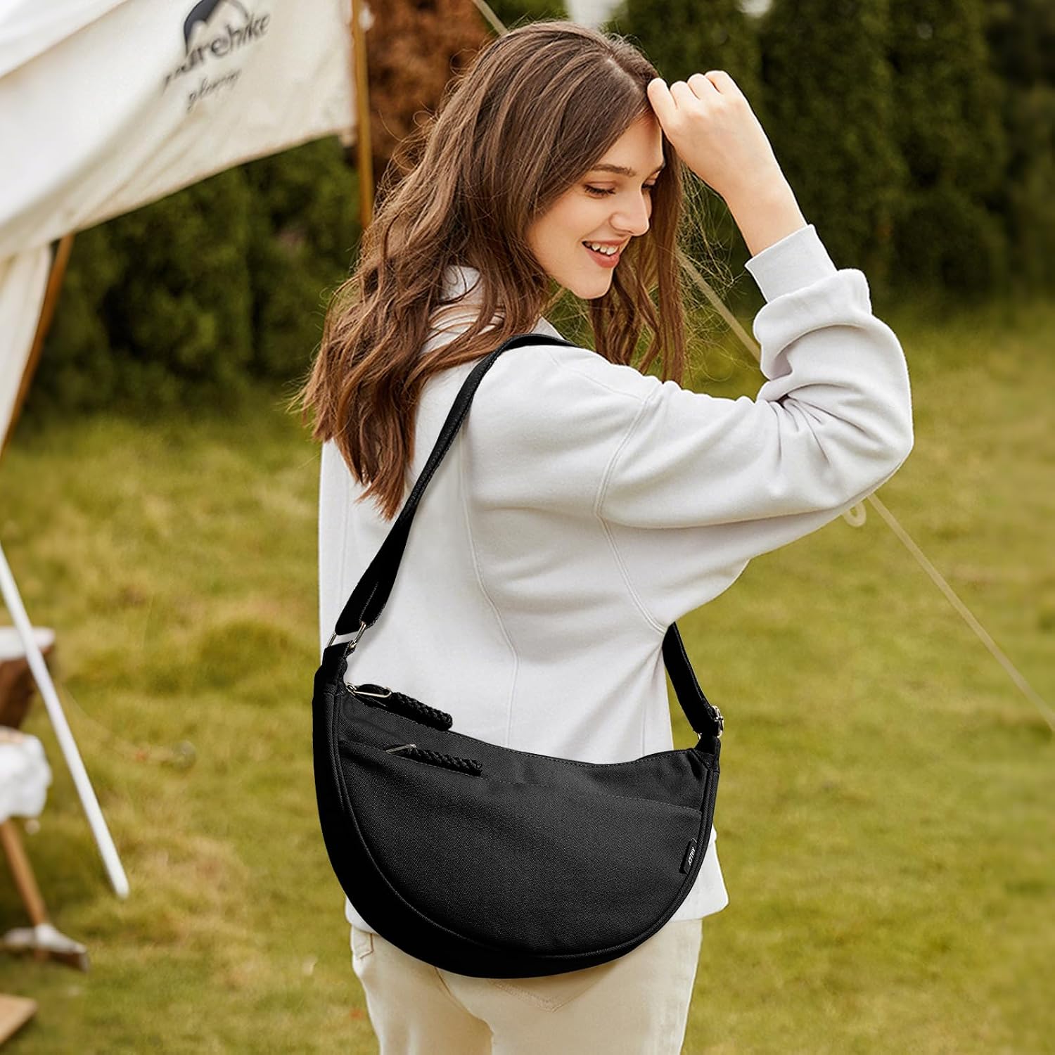 KALIDI Crescent Bag for Women, Multi Pockets Canvas Shoulder Bag Hobos Crossbody Bag Portable Crescent Bag with Adjustable Strap for Travel Daily Use image 2