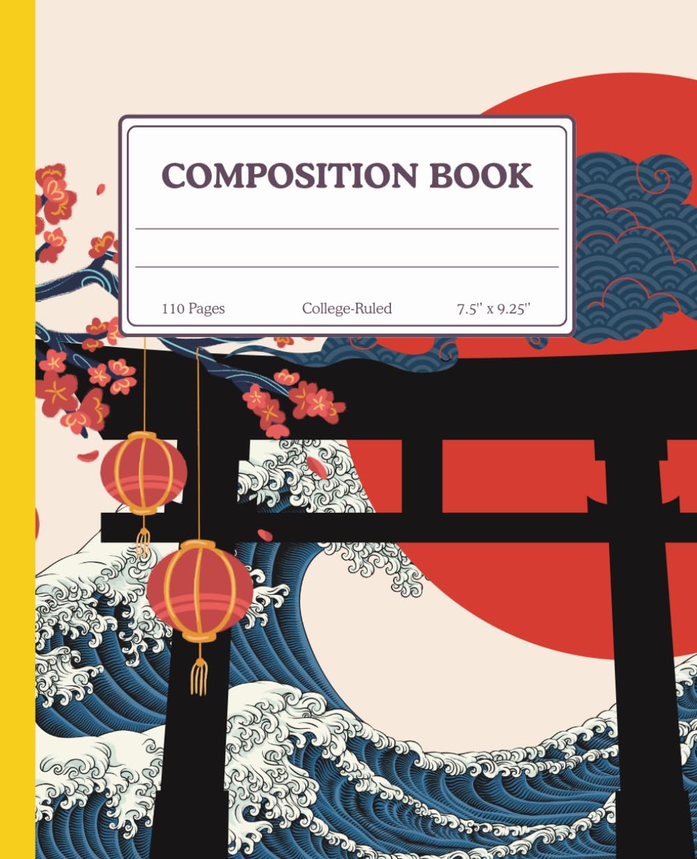 Retro Japanese Torii Gate Composition Notebook (College Ruled, 110 Pages, 7.5” x 9.25”): Red Sun, Waves, and Lanterns Design – College Ruled Book for School, Journaling, and Study Notes