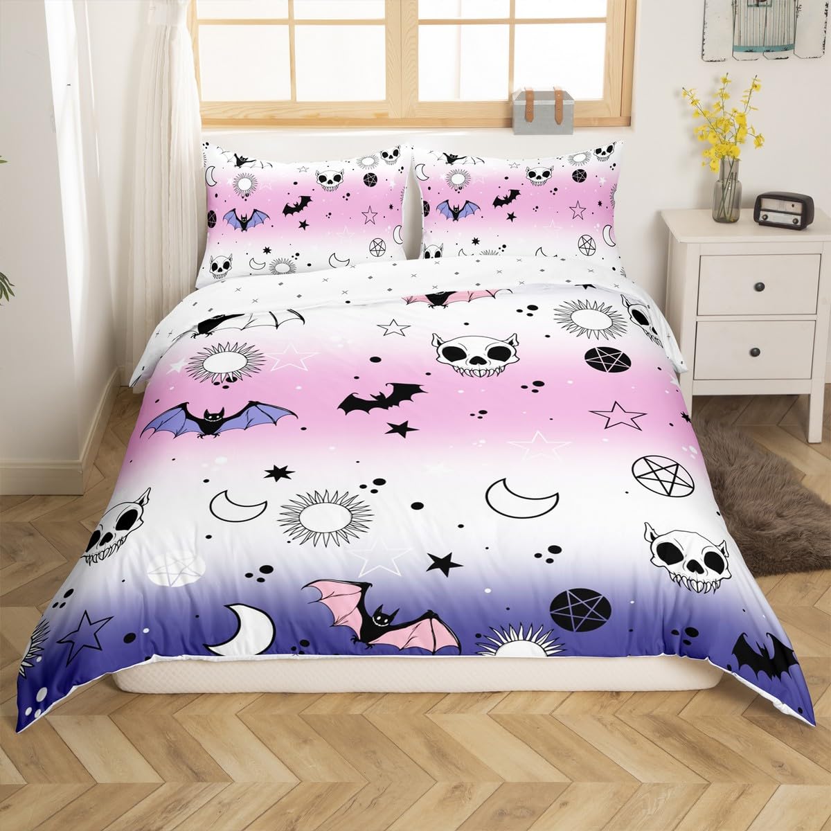 Halloween Decorations Bedding Set for Boys Girls Kids Purple Gradient Duvet Cover Toddler Size Ghost Spider Bats Comforter Cover Trick or Treat Themed Bedspread Cover Sun and Moon Print Bedding