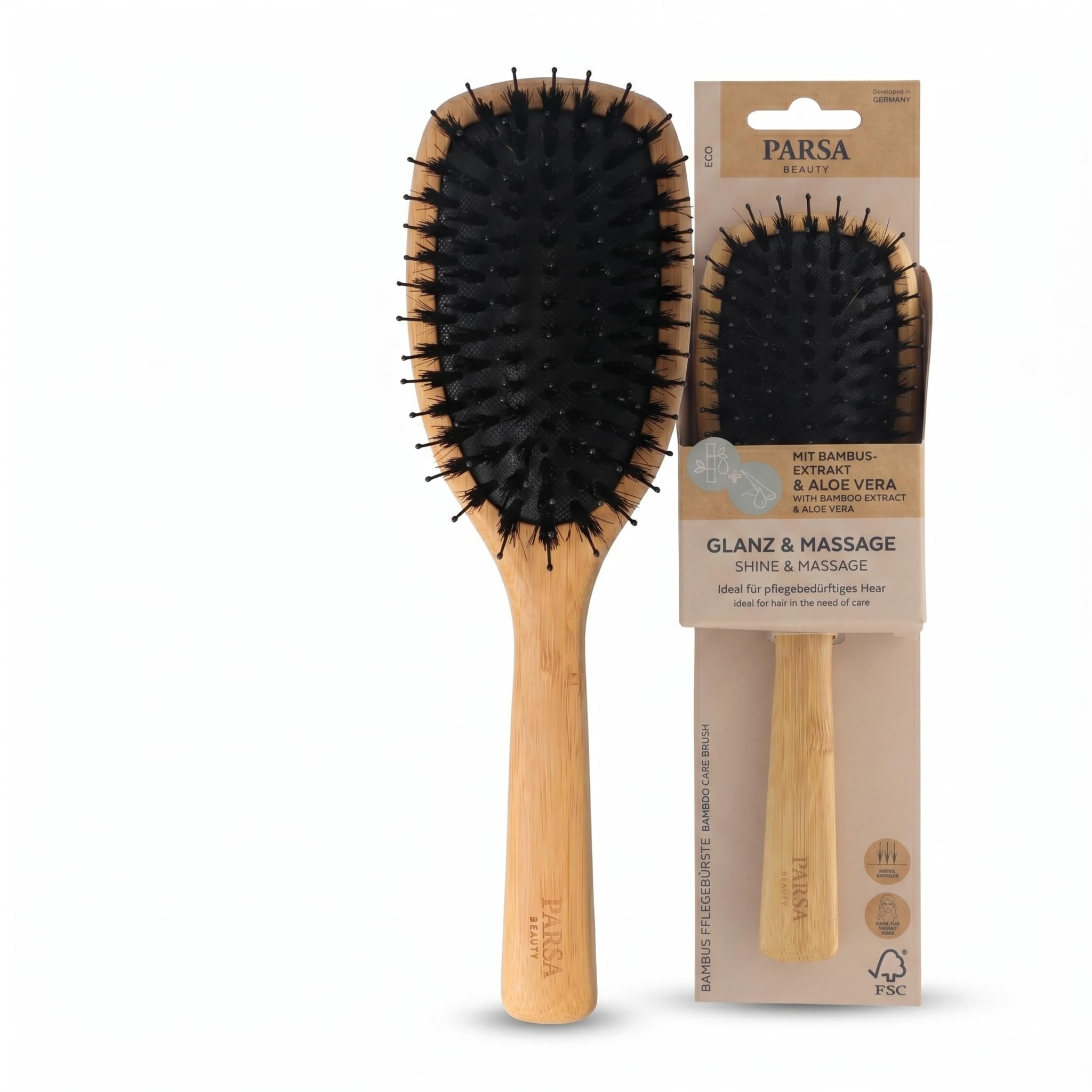 PARSA Beauty Bamboo Care Brush Large Oval Mixed Bristles FSC® Certified Bamboo Aloe Vera Boar Bristles Shine Brush Gentle Detangling Moisture Resistant Care Hair Sustainable