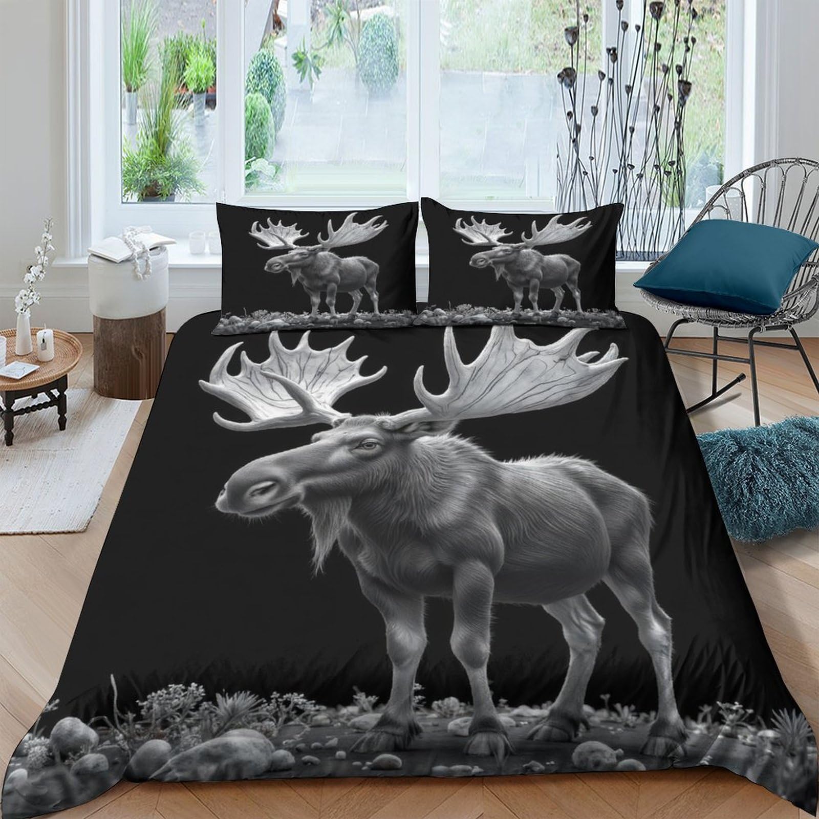 Ctjqhvkz Style-2 3D Printed Moose Forest Fitted Sheet Microfiber Black Animal Art Mattress Cover For Bedroom Guest Room Easy Care Single（135X200cm）