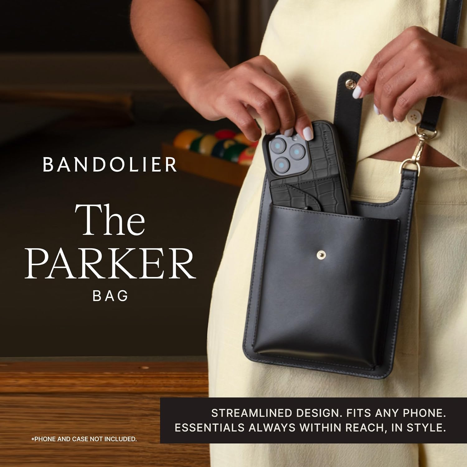 Bandolier Parker Crossbody Cell Phone Bag in Genuine Smooth Leather for Women| Adjustable Strap. Exterior Zipper Pocket for Cards. Gold Luxe Hardware - Image 6