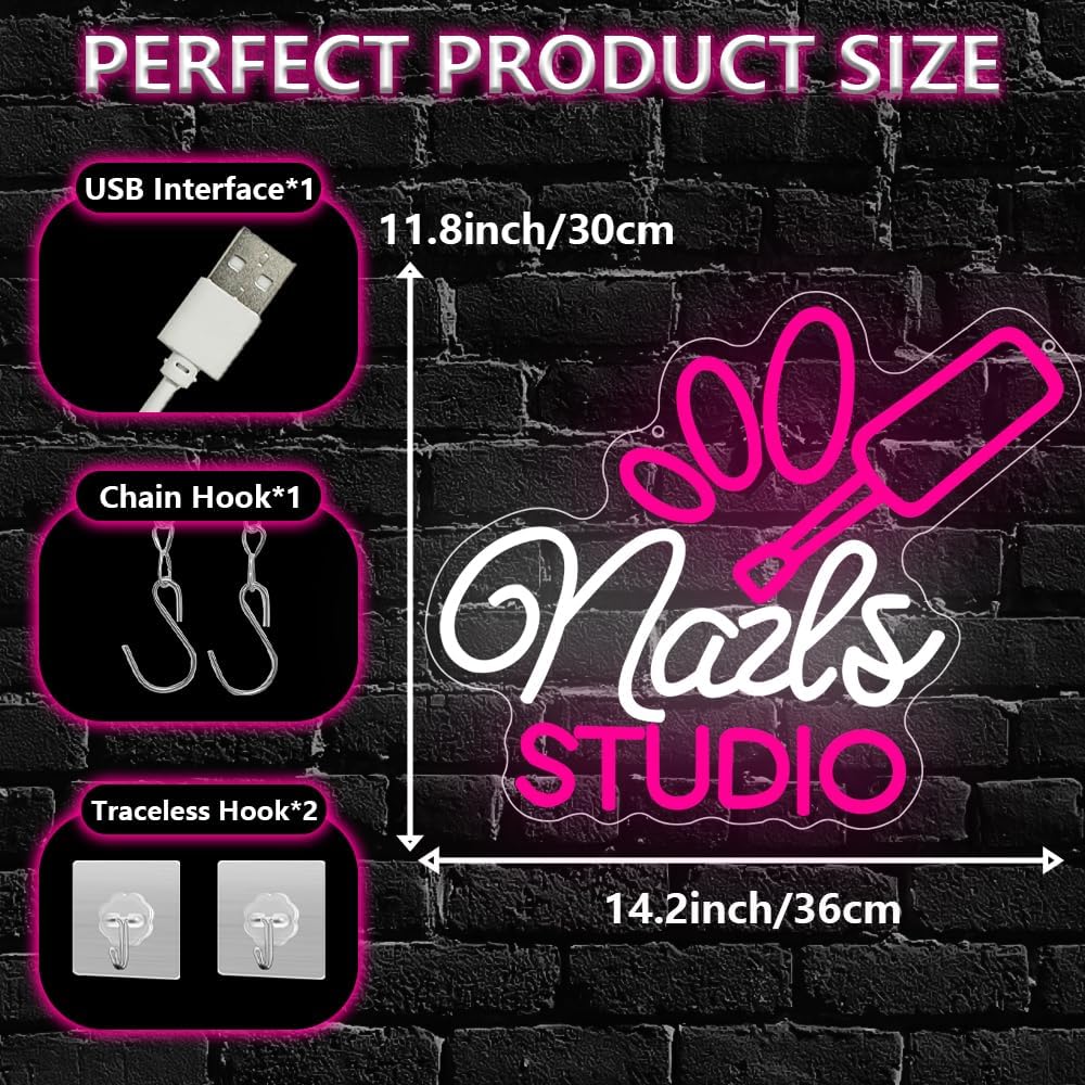 Nail Room Neon Sign,Pink Nails Studio LED Light for Wall Art Decor,Backdrop for Business Lash Salon Beauty Room Bar,Pink Dimmable Light Up Signs Gift for Girls Women Nail Tech USB Powered(14.2"*11.8") - Image 3