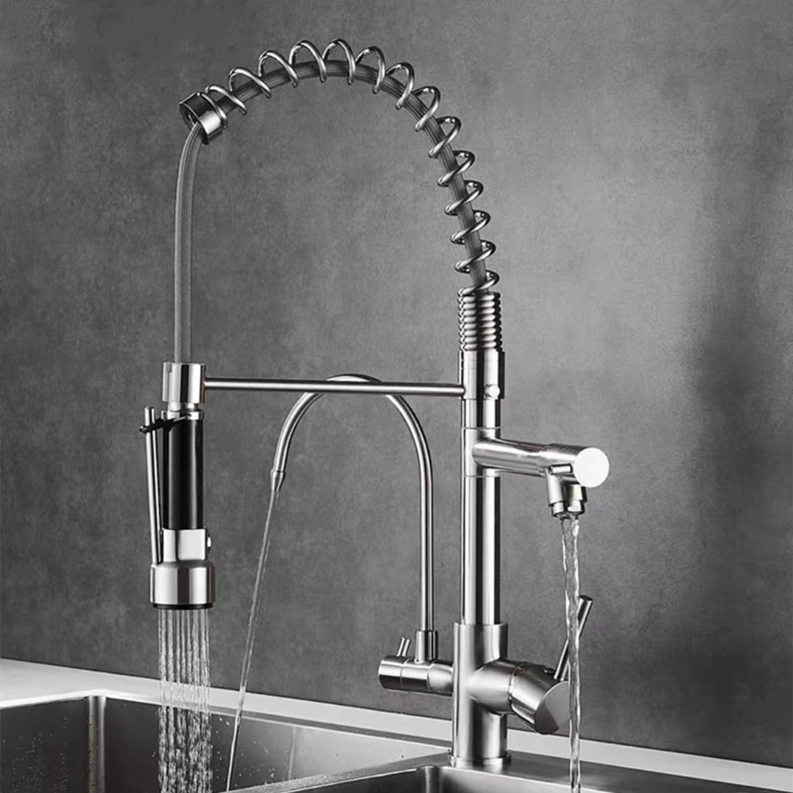 ZYCHSJXA 3 Way Kitchen Tap 2 Spary Modes Pull Out Taps Spring Faucet Dual Spout with Water Filter Drinking Water, Brushed