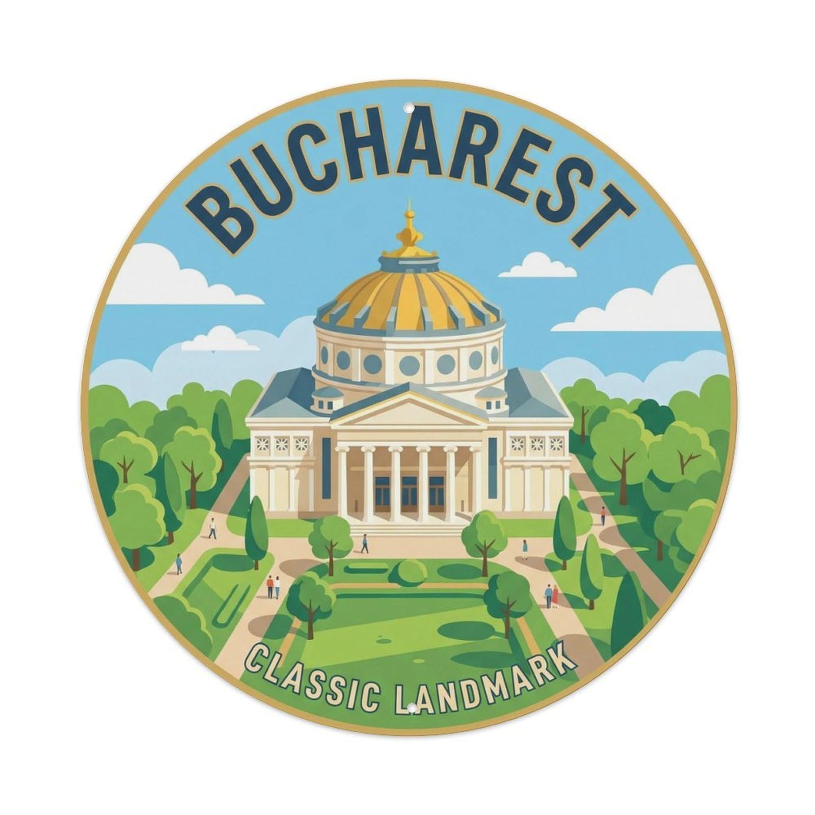 Romanian Athenaeum Heritage Classic Destination Scenic Metal Tin Sign Plaque Wall Decor for Cafe, Man Cave, Club Bar, Office, Home Garden Round Metal Poster 8x8Inch