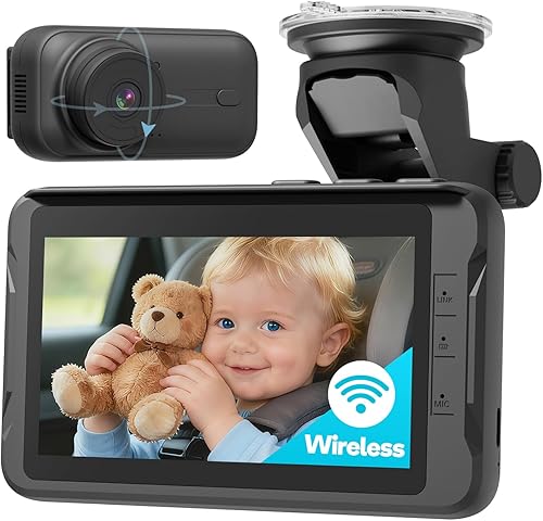 Cámara inalámbrica para automóvil para bebé, monitor de bebé para automóvil, no necesita Wi-Fi, visión nocturna automática, lente ajustable de corte