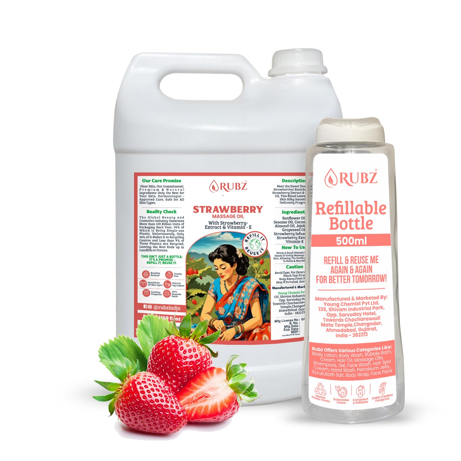 Rubz Strawberry Bliss Body Massage Oil | Moisturizing & Fast-Absorbing Oil | Full-Body Care & Aromatic Stress Relief | 5 Litre With 500 ml Refillable Bottle