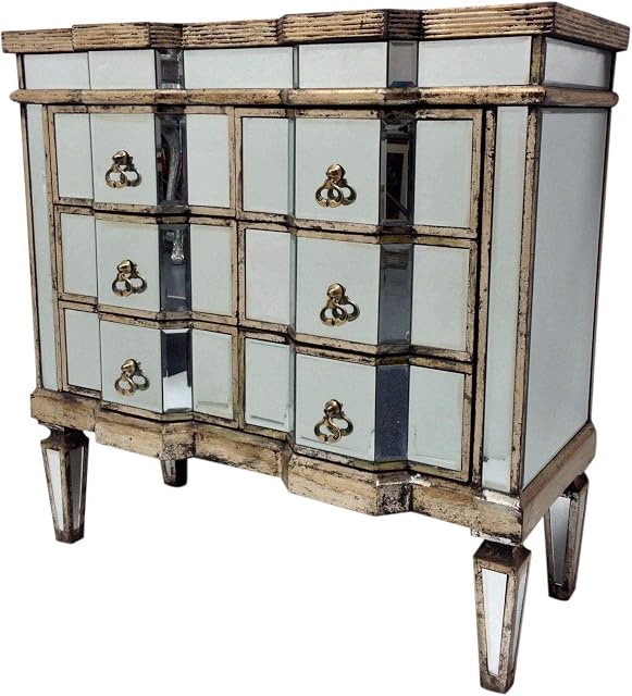 Interiors In Vogue Mirrored Chest of Drawers Bedroom Furniture Storage Glass Antiqued Silver Wooden
