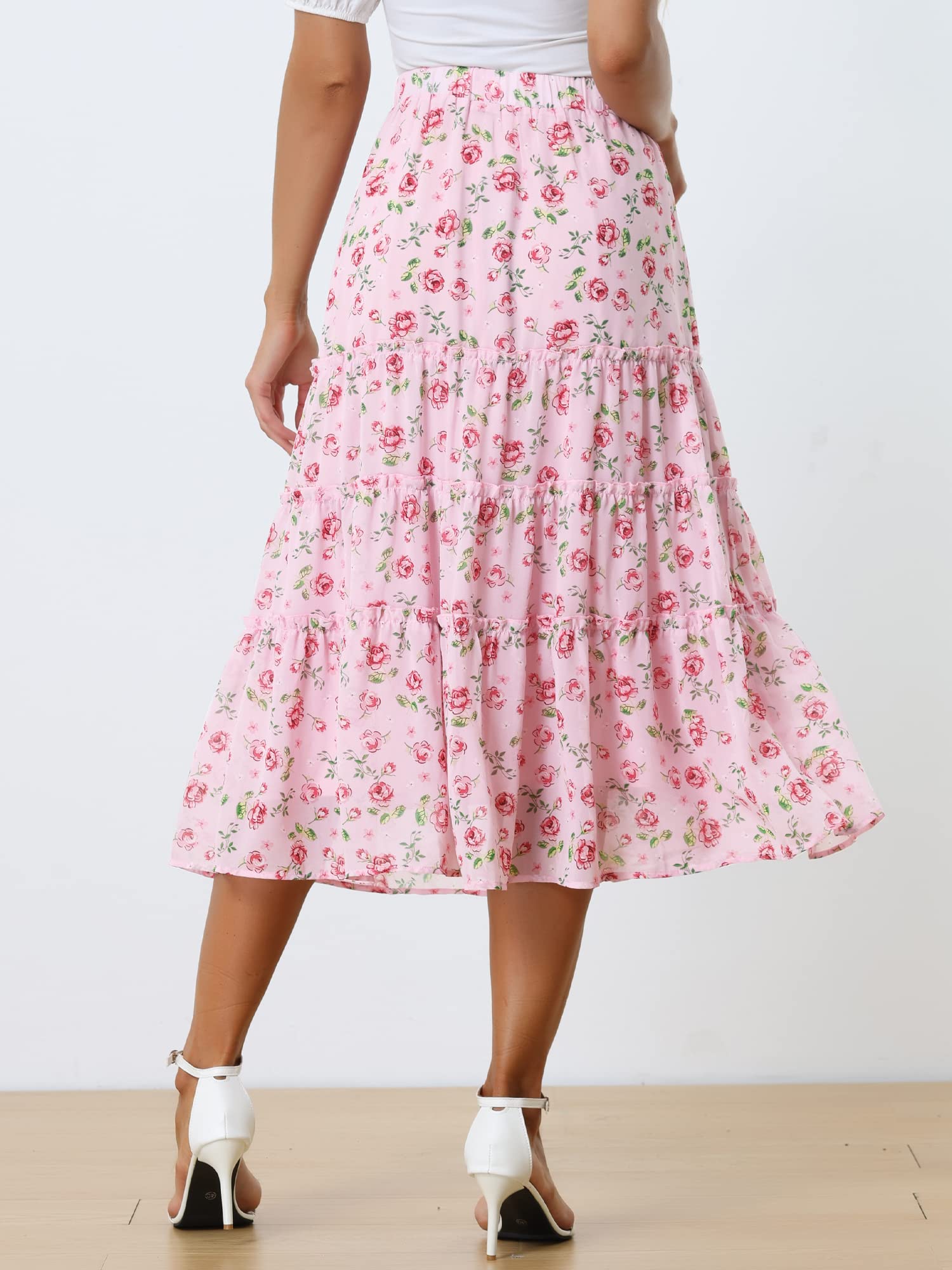 Allegra K Jupe Mi-Longue Femme été Jupe Florale Trapèze Fluide Taille Élastique en Mousseline de Soie pour Vacances