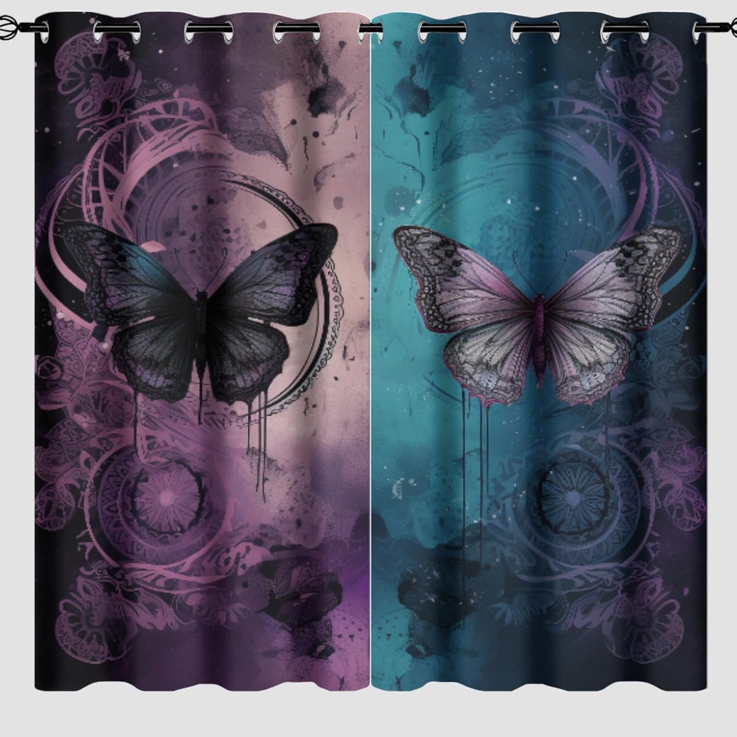 Dream Butterfly, Blackout Curtains for Bedroom Pink Flowers Floral Purple Butterfly Romantic Grommet Thermal Insulated Blackout Curtains for Living Room 84x84 Inch