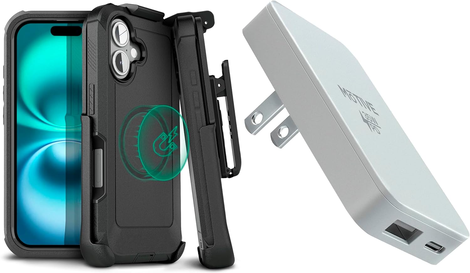 MOTIVE Designed for iPhone 16 Case with Belt Clip & Flat Wall Charger 35W, Magnetic Case Magsafe Compatible, Heavy Duty and Quad Layer, Super Fast Charger USB C & USB A