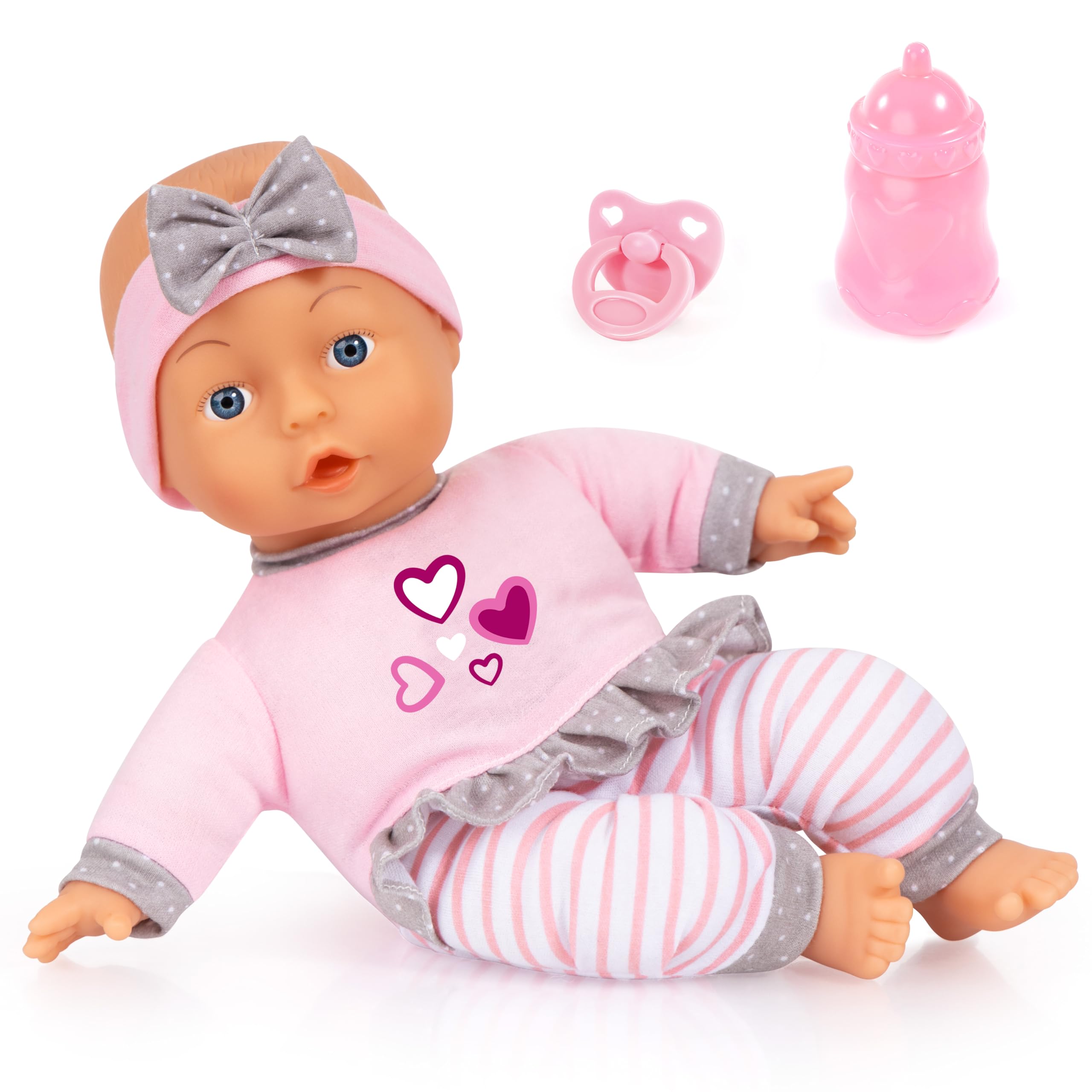 Bayer Design 93003AD first soft bodied baby doll, 30 cm, cuddly, with dummy and bottle
