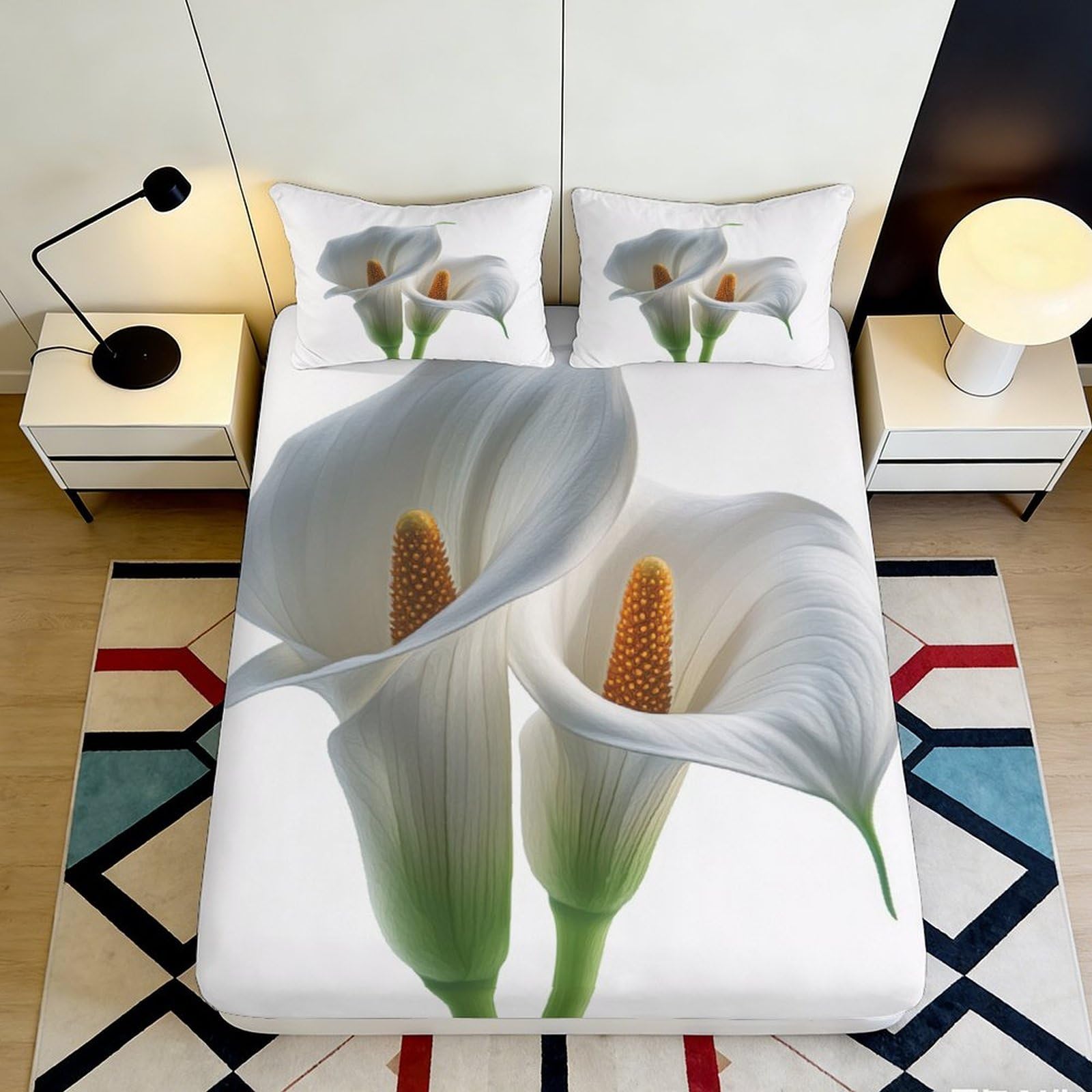 3D Printed Calla Lily Fitted Sheet Microfiber Soft Breathable Floral Bed Cover for Bedroom Dormitory Guest Room Mattress Protection Decor 180x200x25cm