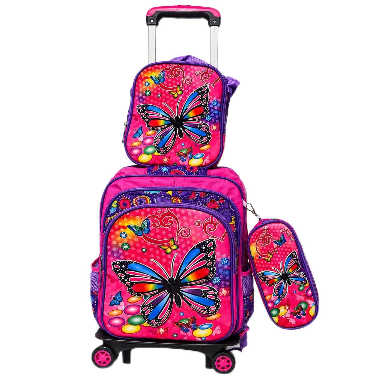 kids trolley bag set, butterfly printed rolling school backpack with lightweight travel luggage for girls, adjustable telescopic handle, school trips & vacations
