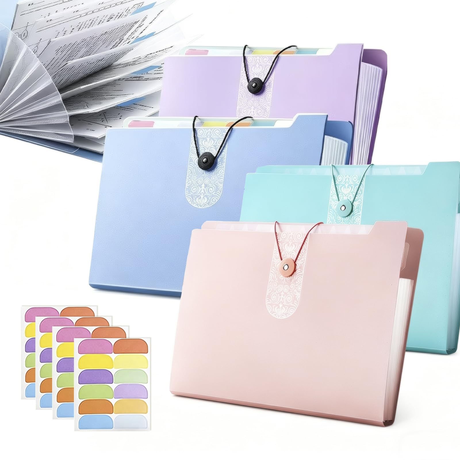 4 Pcs A4 Document Organiser, Expanding File Folder with 8 Pockets Portable Filing Folder with Colored Labels Large Capacity File Organiser for Home Office and School Use